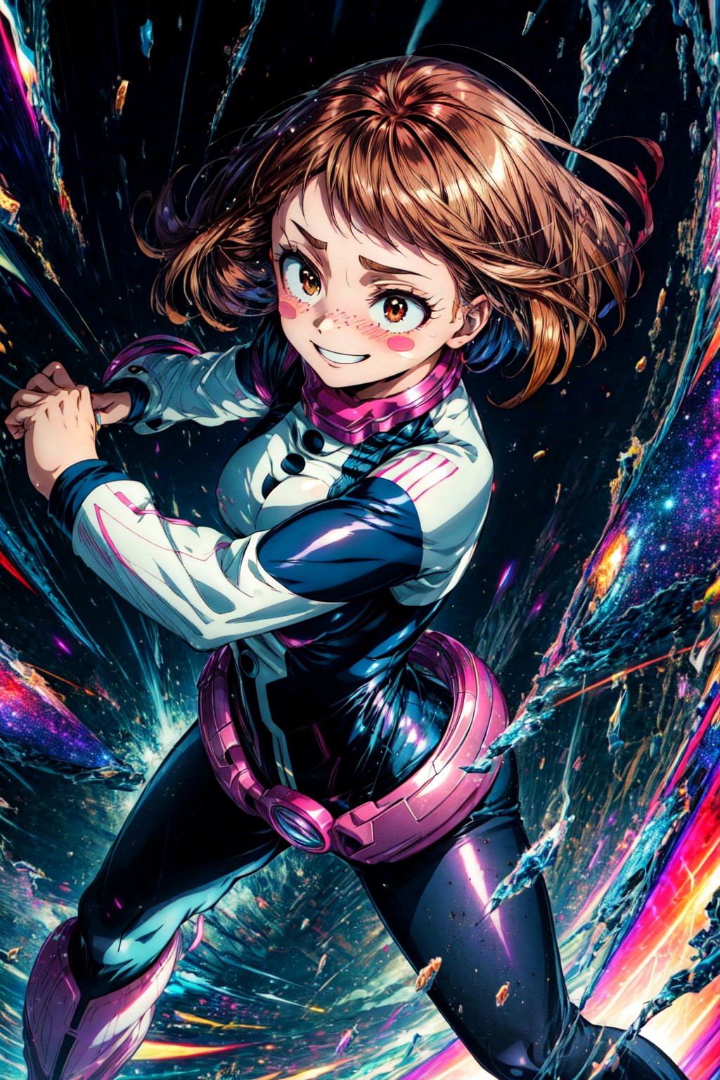 Action Scene, Action Pose, score_9, score_8_up, score_7_up, realistic, masterpiece, best quality, highly detailed, Expressiveh, flushed, Leg, 1girl, ochako uraraka, \(My Hero Academia\)/,(ultra HD quality details), brown eyes, brown hair, short hair, blush, blush stickers, superhero, bodysuit, skin tight, Low Angle View, smug smiling, Bangs, darkness, blushed skin, galaxy vortex, translucent hair, smug Smile,