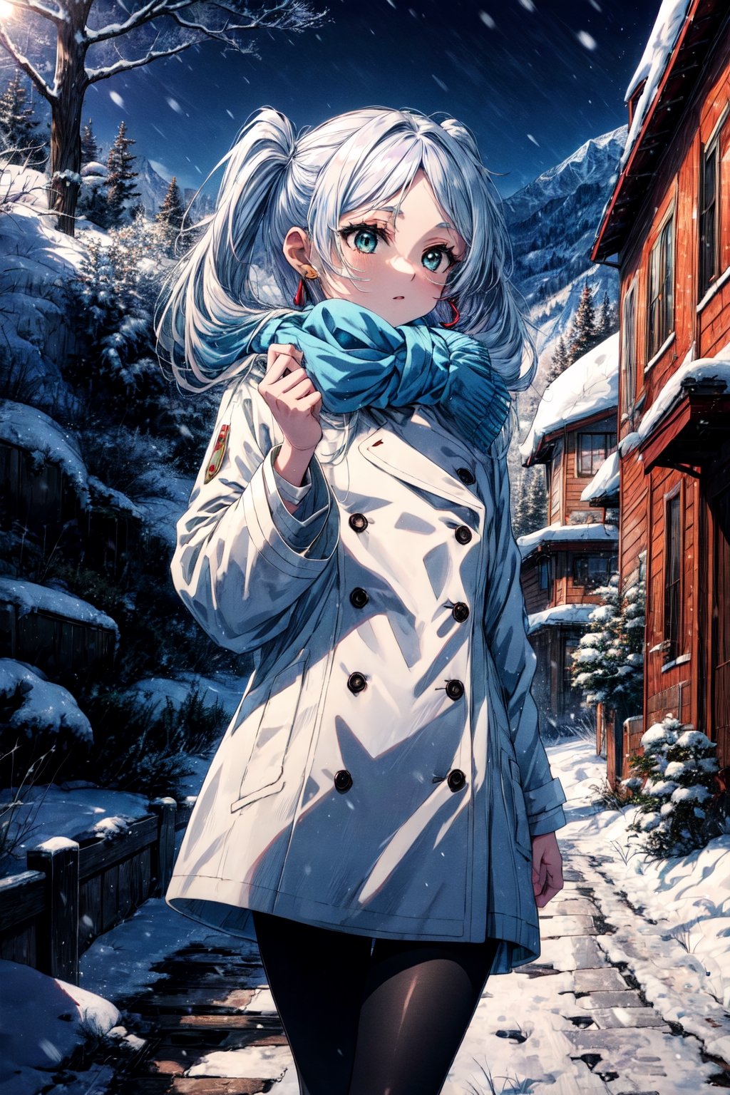 masterpiece, best quality, absurdres, perfect anatomy, FrierenWinter, twintails, earrings, blue scarf, white coat, black pantyhose, winter, outdoors, snow, cold, 