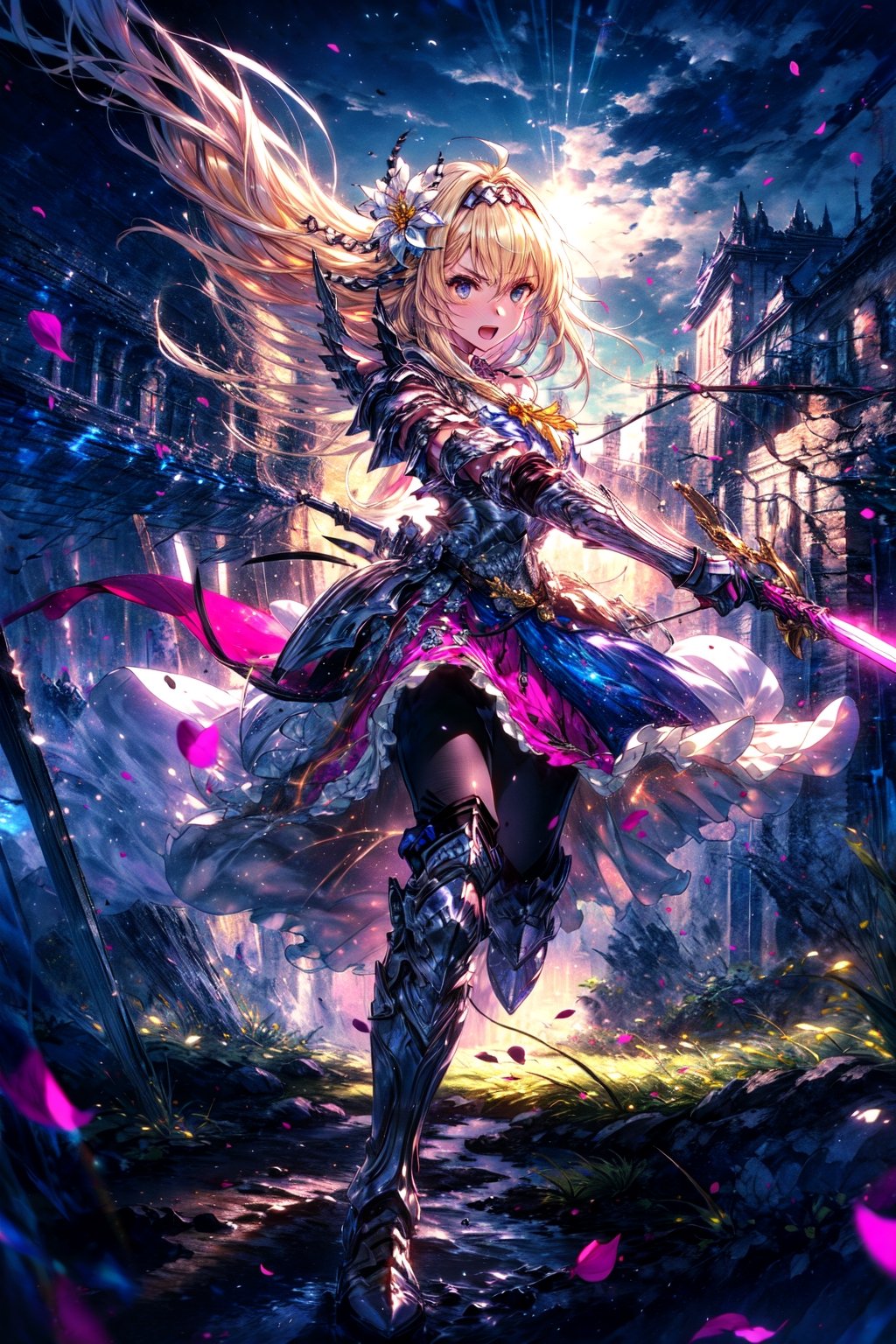 masterpiece,best quality,highres,cinematic lighting,dramatic angle,1girl,,hair ornament,hair ornaments,hairband,hair flower,costume2,blonde hair,blue eyes,portrait,village girl,holding sword,long pink skirt,frills,white topwear,boots,black pantyhose,yellow bowtie,hairband, , ,strong wind,glowing,aura,petals,grass,serious,armor,action pose,dynatic angle,open mouth,looking at viewer