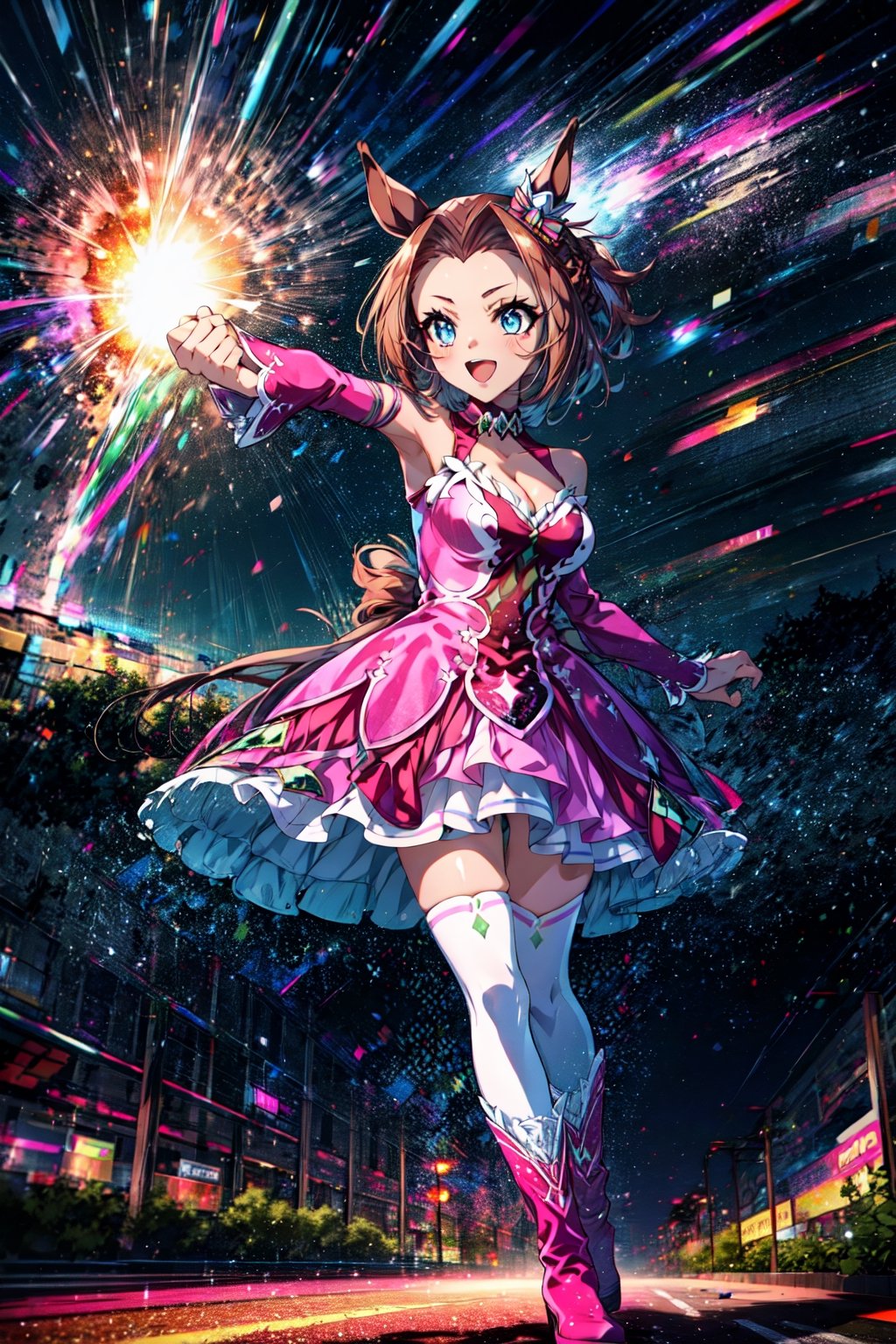 masterpiece, best quality, kawakami princess \(umamusume\), open mouth, smile, (eye trail, light trail:1.2), punching, ear ornament, pink dress, bare shoulders, cleavage, sleeveless dress, detached sleeves, pink sleeves, white thighhighs, pink footwear, boots