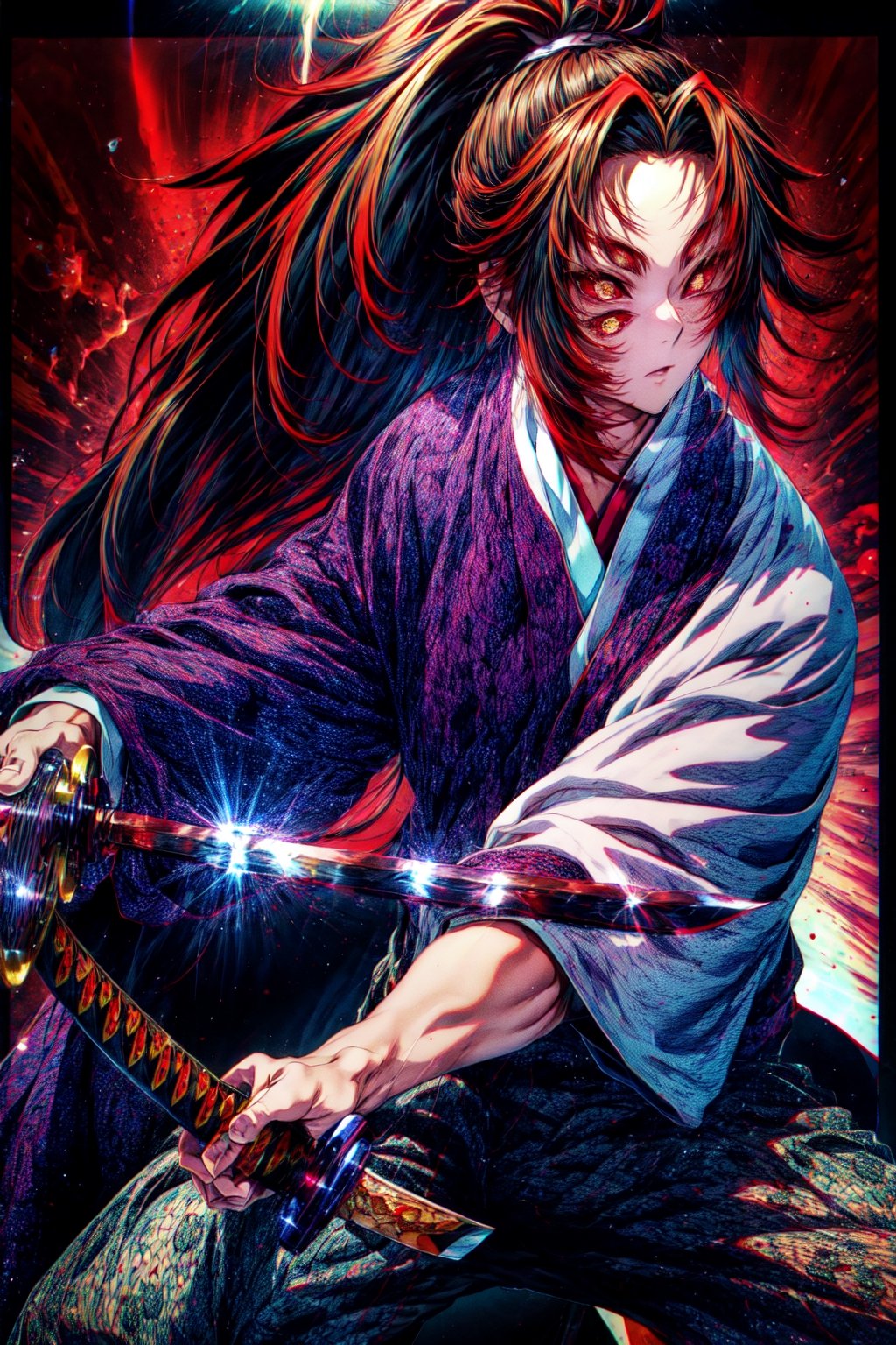 Kokoshubi 1man , long hair ponytail with red highlight , fight stance , stiing with katana in hand ,kbkatana ,master piece , rim light , best quality, extremely detailed, detailed background