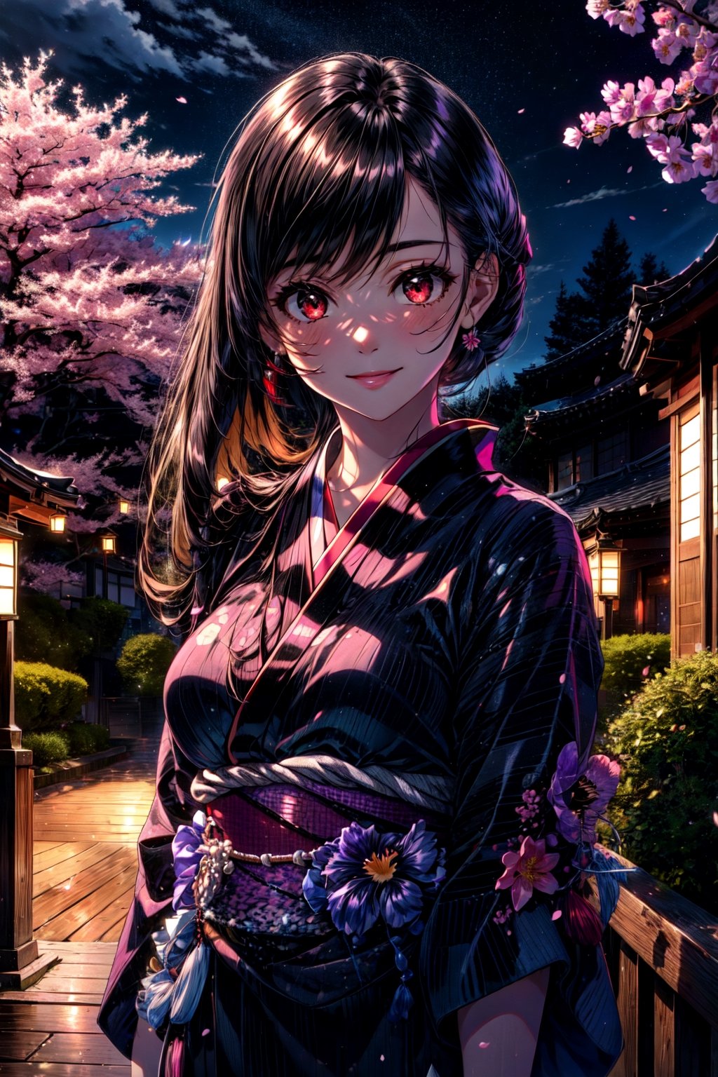 (8k, best quality, masterpiece:1.2), (realistic, photo-realistic:1.37), floral yukata, night, japanese festival, whole body, looking at camera, ultra-detailed, 1 girl, cute, solo,beautiful detailed sky, cherry blossoms,smile, park, looking at camera, whole body, smile,, tifa lockhart. red eyes, black hair, long hair, tifa, red iris,