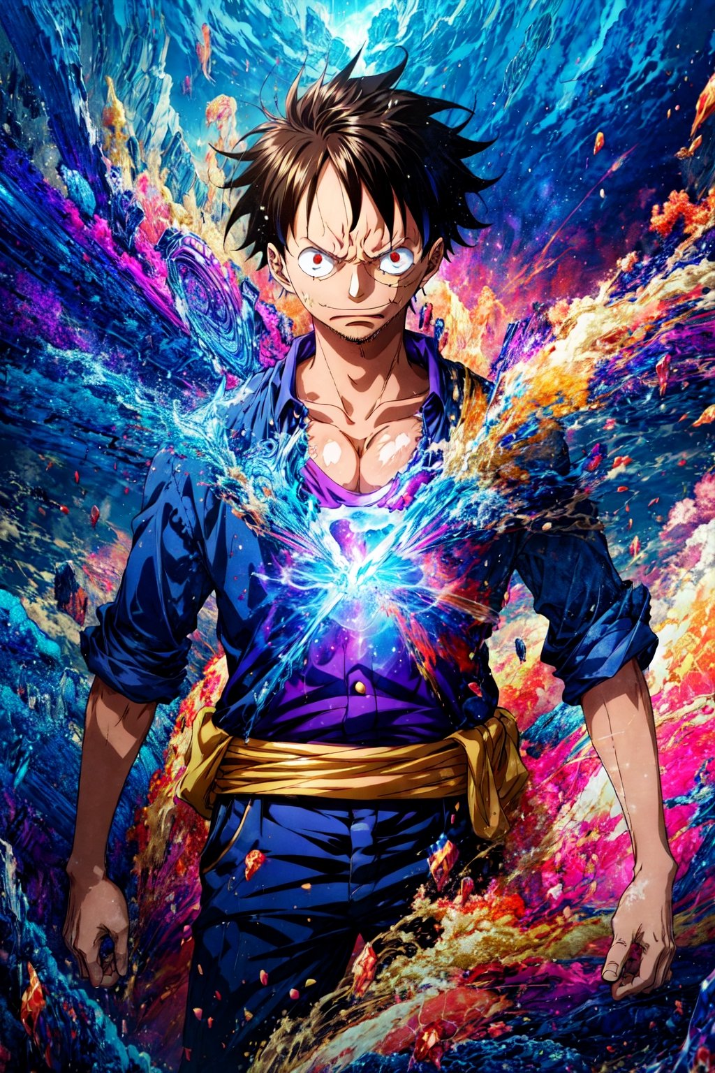 "Gear Fifth Revelation," Luffy's metamorphosis unfolds in an otherworldly domain. Craft with evocative metaphors and dynamic verbs. Environment: Ethereal Nexus, Luffy emerges within a kaleidoscopic dimension. Shifting hues and surreal landscapes surround him, a mesmerizing fusion of dreams and reality. Mood: Awe-Struck Wonder, The air crackles with celestial energy, Luffy's transformation elicits gasps of disbelief and admiration. Atmosphere: Surreal Harmony, Reality and fantasy converge, creating a surreal atmosphere where the extraordinary becomes the norm. Lighting: Luminous Spectra, Multidimensional beams intertwine, casting Luffy in a radiant glow. The colors dance, enhancing the ethereal spectacle.,monkey_d_luffy,Pirate,1utf1