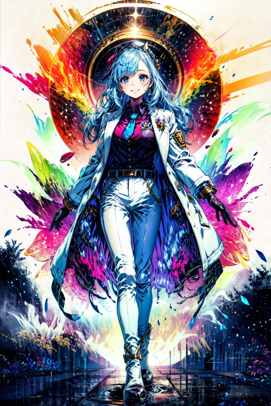 best quality,masterpiece, high res,original, beautiful detailed eyes,ultra-detailed, mejiro ardan \(dance\), smile, gloves, black gloves, long sleeves, looking at viewer, brooch, jacket, white jacket, vest coat, shirt, collared shirt, jewelry, pants, white pants, necktie, boots, thigh boots, official alternate costume