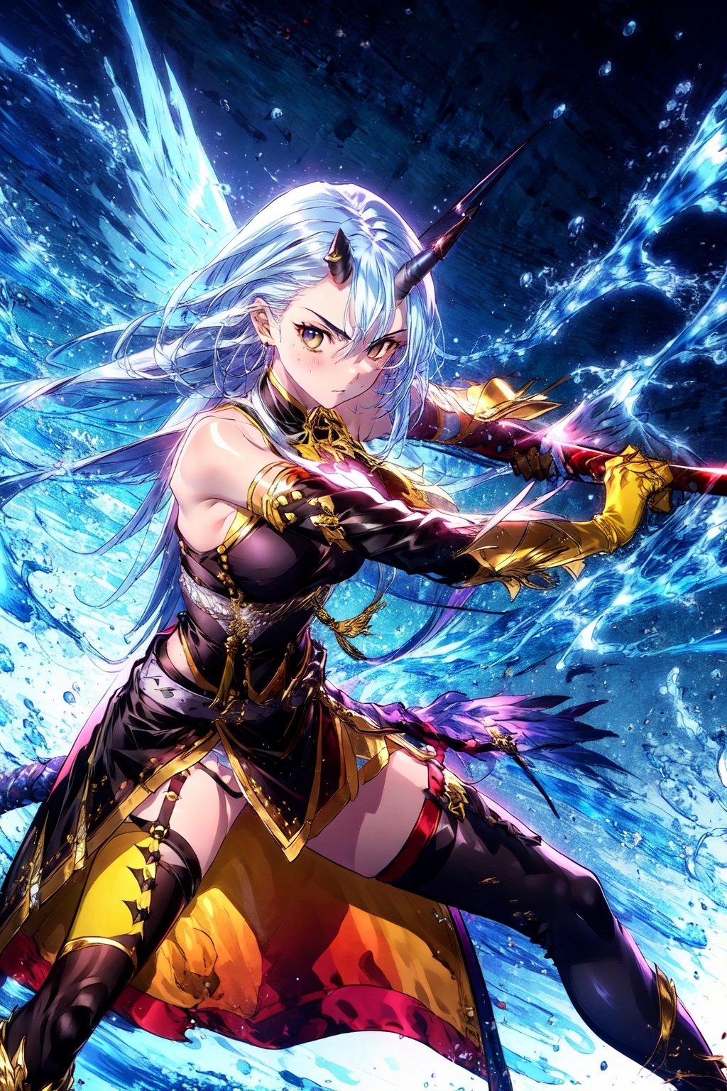 masterpiece,best quality,1girl,,black dress,black thighhighs,gold-trimmed,gloves,detached sleeves,mizuchi,single horn,tail,single wing,portrait,(shaded face:1.1),water,serious,holding sword,fighting stance,magic,gold gauntlets,action pose, ,close-up,thigh strap,