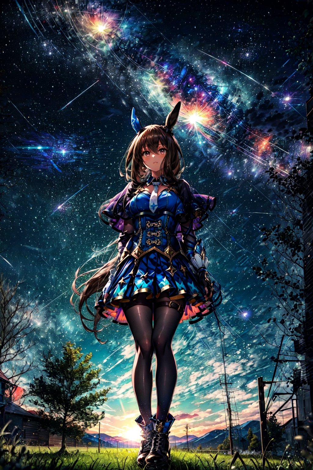 masterpiece, best quality, admire vega \(umamusume\), starry sky, night, horizon, standing, looking up, white necktie, skirt, long sleeves, white footwear, thigh strap, black pantyhose, boots, shirt, puffy sleeves, pleated skirt, buttons, corset, capelet, fingerless gloves, black gloves, mismatched footwear