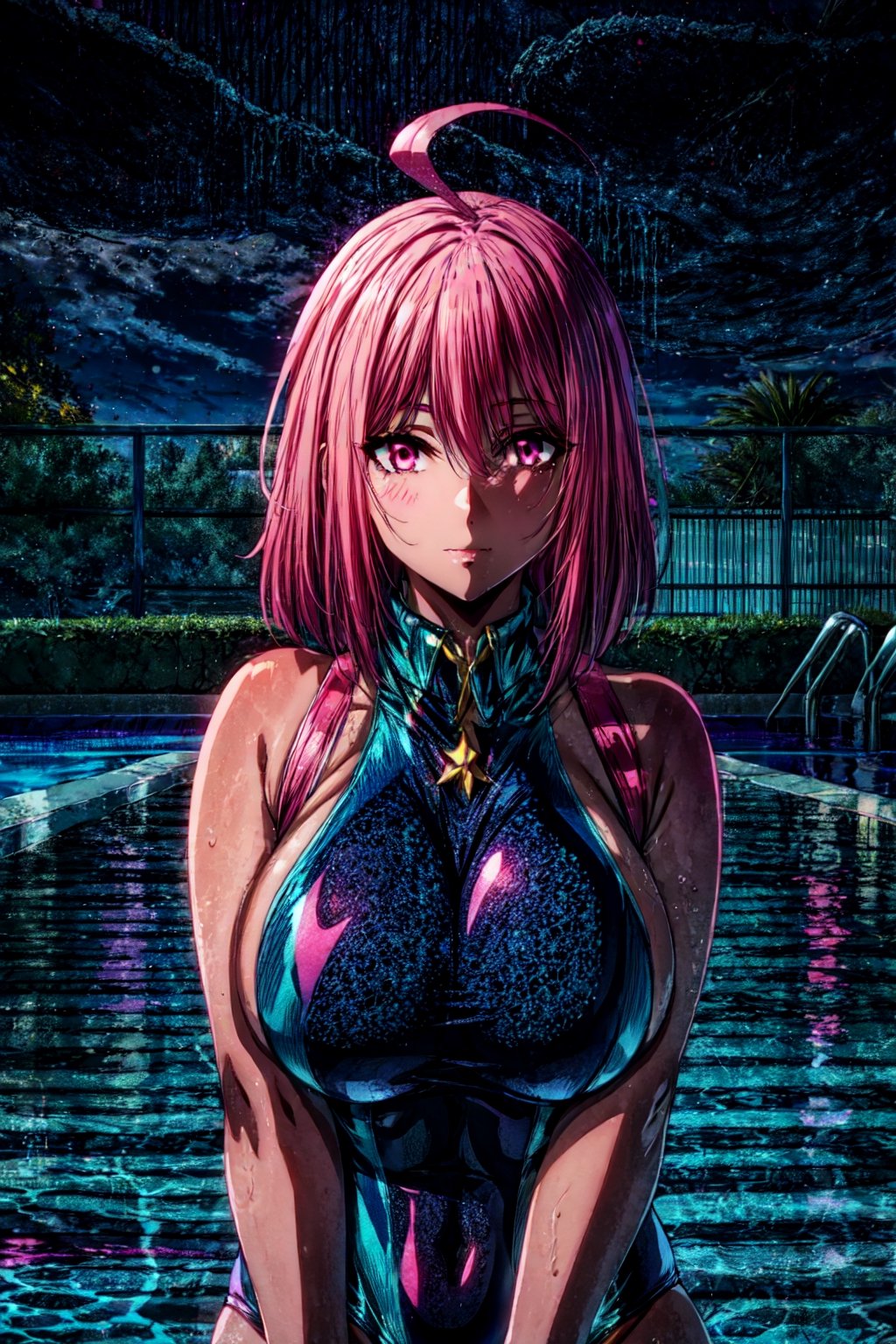 Sherry Barnett, 1lady,(mature female),(milf), 1lady,long hair,ahoge,pink hair, pink eyes, (school swimsuit:1.3),poolside, pool, (night:1.58), highres,official art,original,masterpiece,best quality, (large breasts), face lighting,cinematic lighting,caustics,