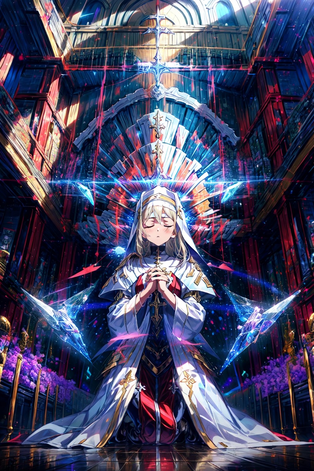 masterpiece,best quality,highres,1girl,,crystalized aura,beacon of light,kneeling,closed eyes,praying,own hands together,church,white nun clothes,portrait,cowboy shot,holy light,hair ornaments,alternative2,evolved