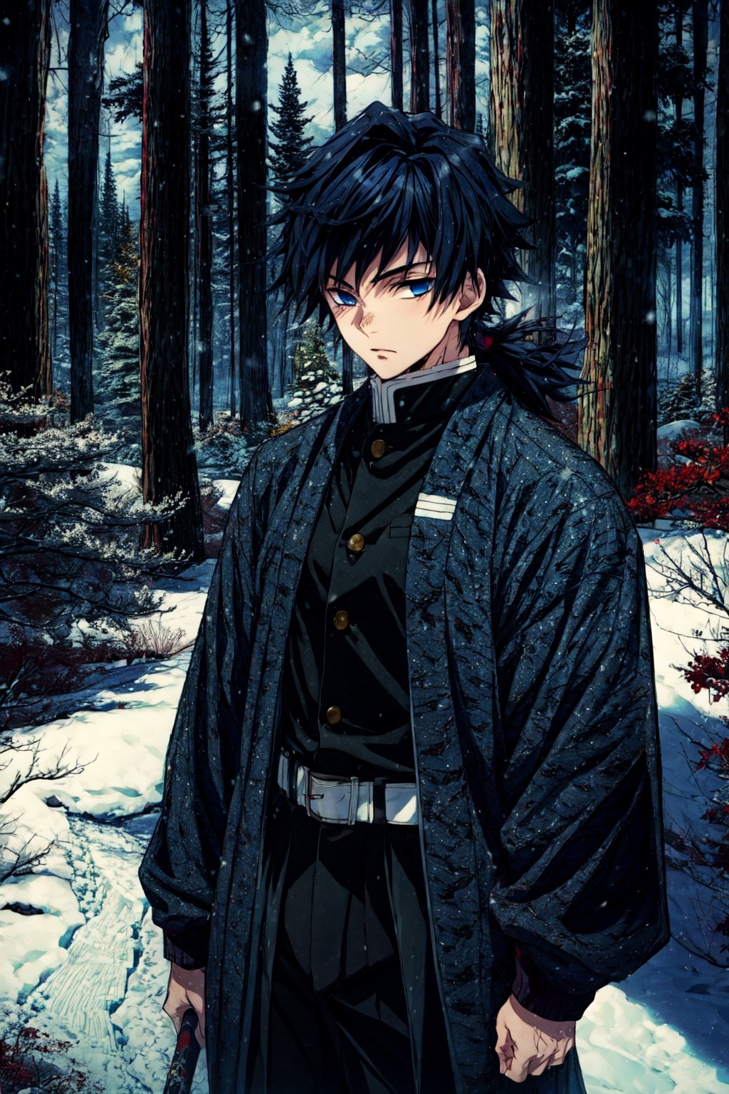 tomioka giyuu, demon slayer, 1boy, solo, upper body, winter, snow, forest, tree, nature, snowing, long hair, looking at viewer, blue eyes, black hair, long sleeves, standing, jacket, male focus, outdoors, japanese clothes, belt, black jacket, black pants, haori, white belt, demon slayer uniform