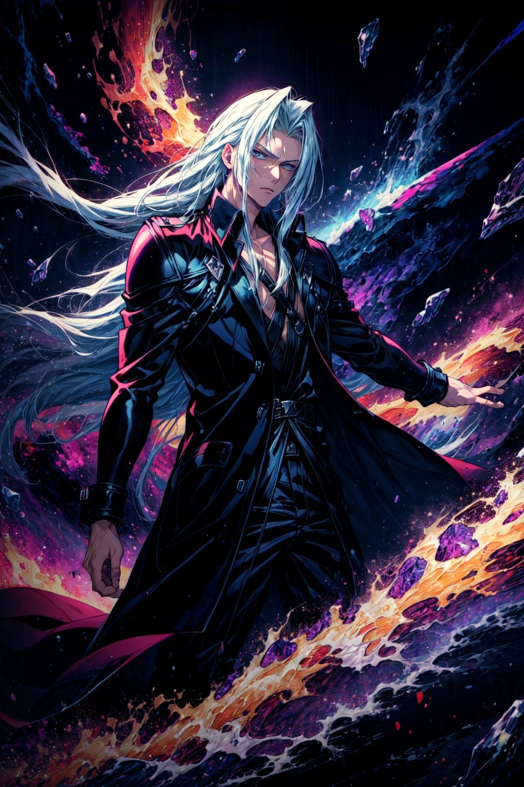 ASCIImasterpiece, best quality, detailed oil painting, dynamic manga action scene, dark vaporwave background, Sephiroth, coat, pauldrons, fantasy painting