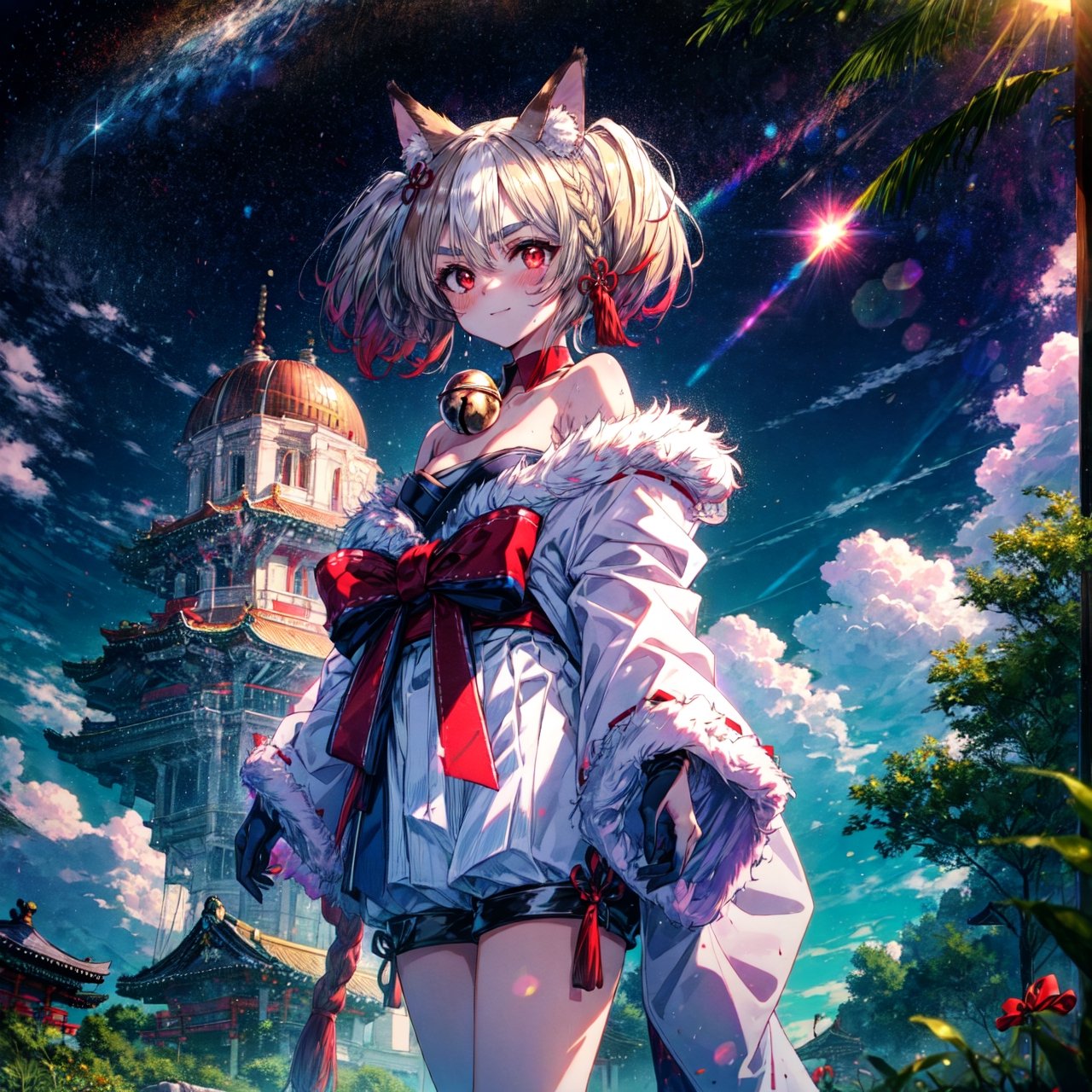 1girl, standing, long shot, light smile, despair, (highres, realistic, best quality, masterpiece, ultra-detailed, textured, ambient lighting, cinematic lighting), animal ears ,1girl , fox ears, animal ear fluff ,bangs , red eyes , multicolored hair , twintails , animal ear fluff ,brown hair , hair ornament ,bell , solo , looking at viewer ,braid ,neck bell , fox girl , jingle bell ,gloves , fur trim , ribbon ,two-tone hair ,japanese clothes ,off shoulder ,bare shoulders ,collar ,bow ,long sleeves , streaked hair ,blush , black gloves , tail ,white hair , fox tail , kimono ,wide sleeves , red bow , red ribbon ,multiple tails , red hair , collarbone , hair ribbon , short hair , choker , socks , shorts , ribbon trim , sash , black shorts , rope , small breasts , white kimono , fur-trimmed sleeves , tabi , black footwear , black socks , gradient hair , v-shaped eyebrows , dress ,sandals , hair between eyes , obi , medium hair , grey hair , thick eyebrows , short twintails , strapless , sweat , shimenawa , outdoors , fur-trimmed kimono kitsune,white half sun,cloud,white background,orange sky, lens flare, back lighting,