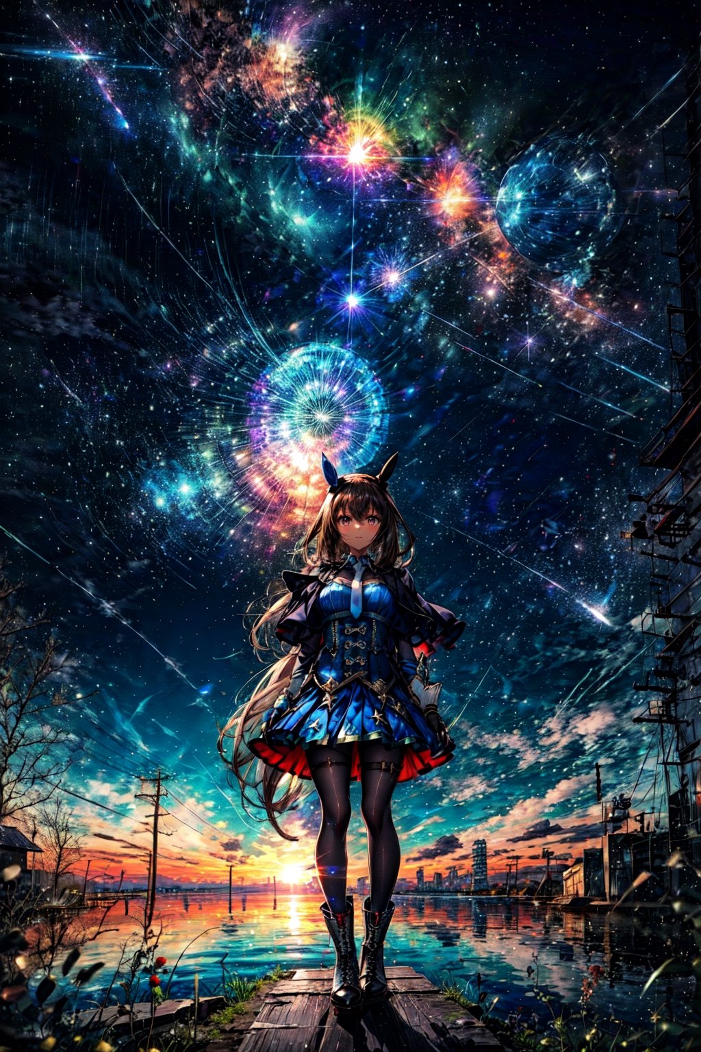 masterpiece, best quality, admire vega \(umamusume\), starry sky, night, horizon, standing, looking up, white necktie, skirt, long sleeves, white footwear, thigh strap, black pantyhose, boots, shirt, puffy sleeves, pleated skirt, buttons, corset, capelet, fingerless gloves, black gloves, mismatched footwear ,CLOUD