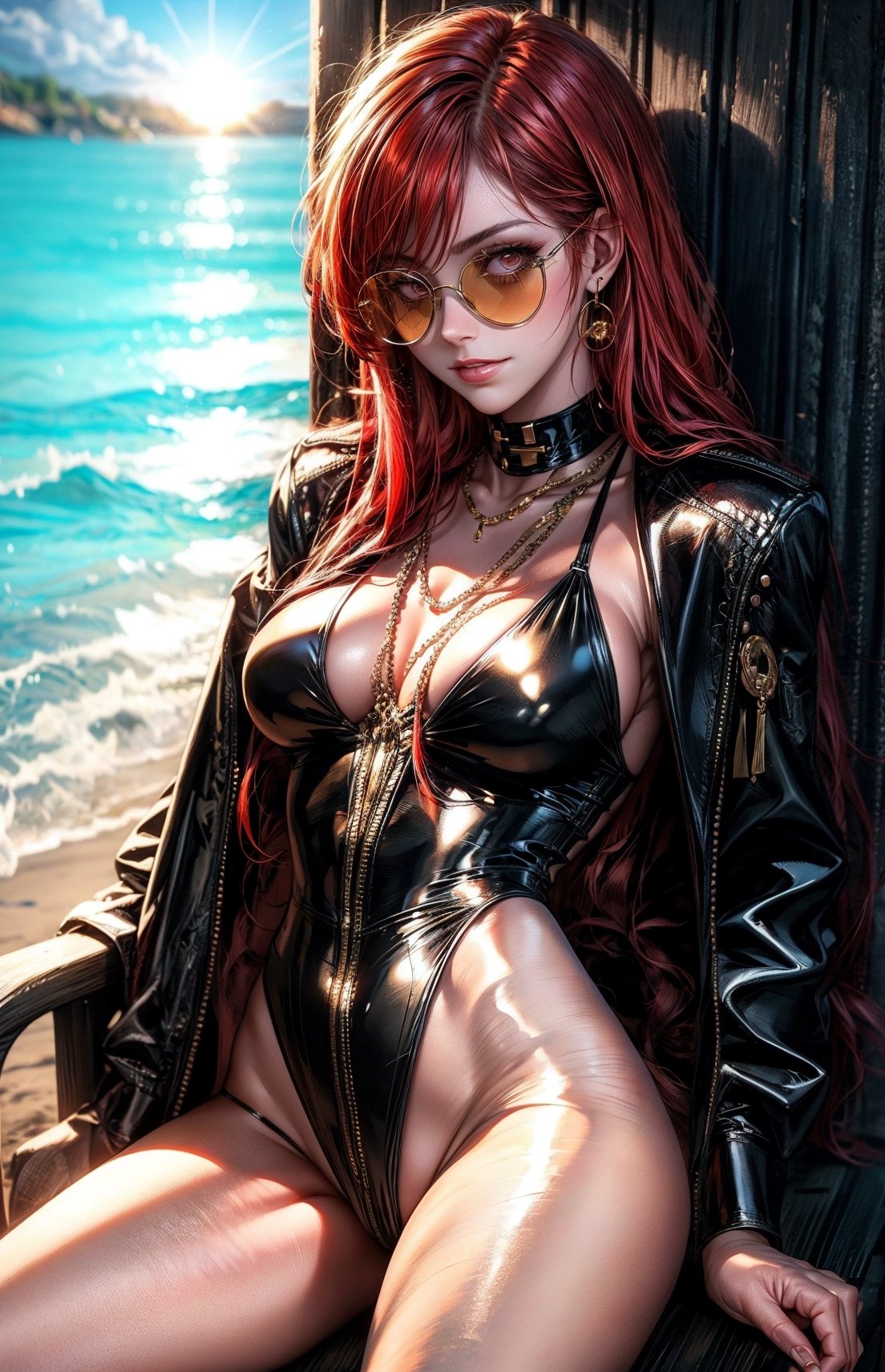 masterpiece,best quality,1girl,MaouNobu,red hair,long hair,smirk,sunglasses,slingshot swimsuit,lying,beach chair,beach,sunlight,,