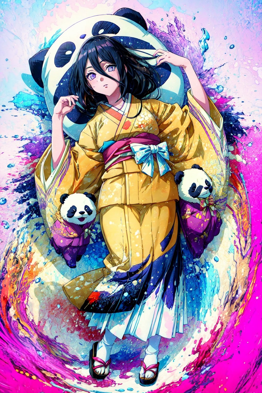 pastel colors, kawaii, cute, colorful, masterpiece, best quality, detailed illustration, 1girl, solo, hanabi, lying on back, stuffed toy, large panda, full body, kimono, white shirt, white skirt, purple background, simple background,