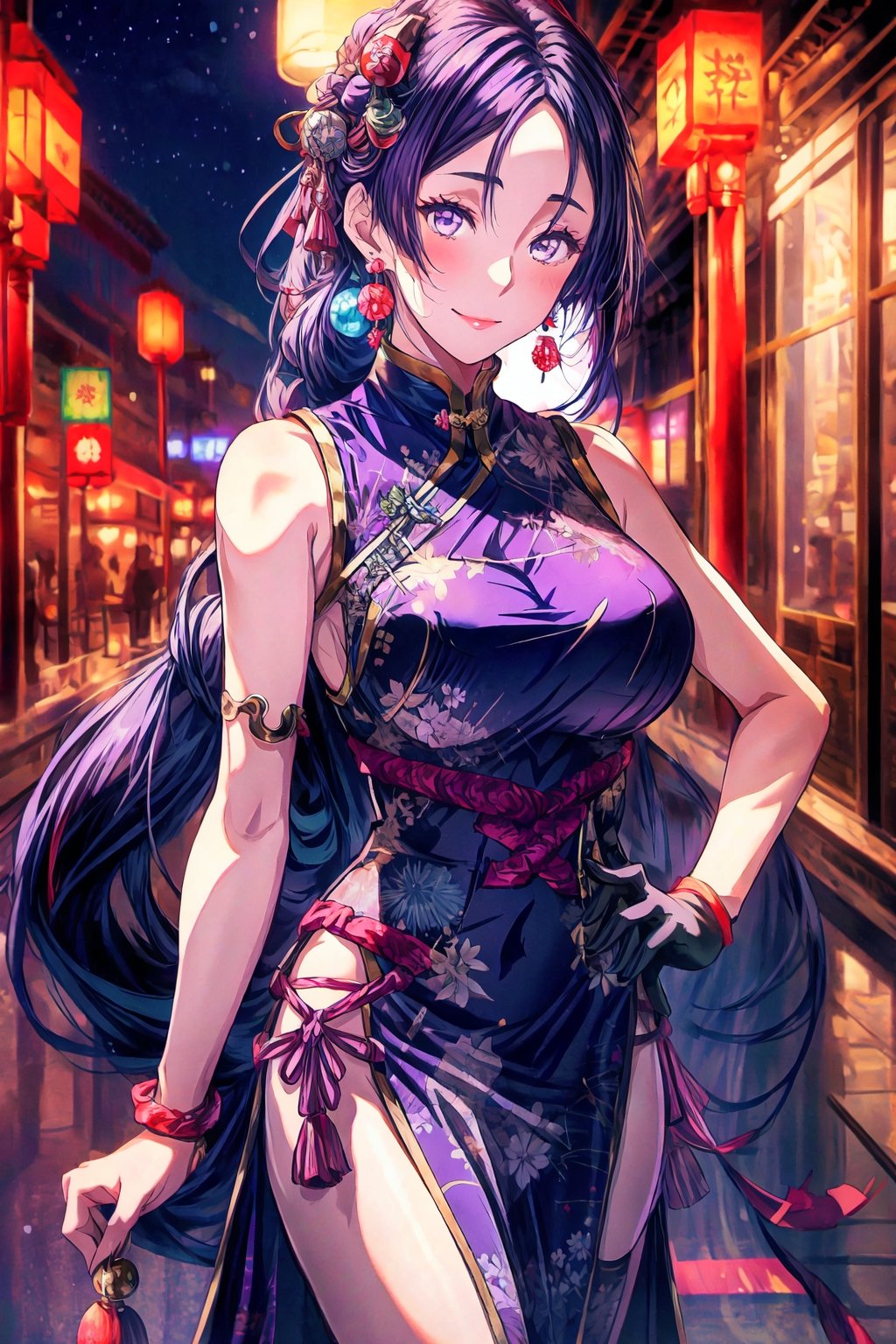 masterpiece, best quality, highres, hmmr1, minamoto no raikou (fate), dress, gloves, china dress, low-tied long hair, bare shoulders, earrings, jewelry, sleeveless, purple dress, side slit, purple gloves, floral print, hair ornament, braid, , cowboy shot, smile, peace sign, hand on hip, outdoors,china dress,china dress with heart cutout