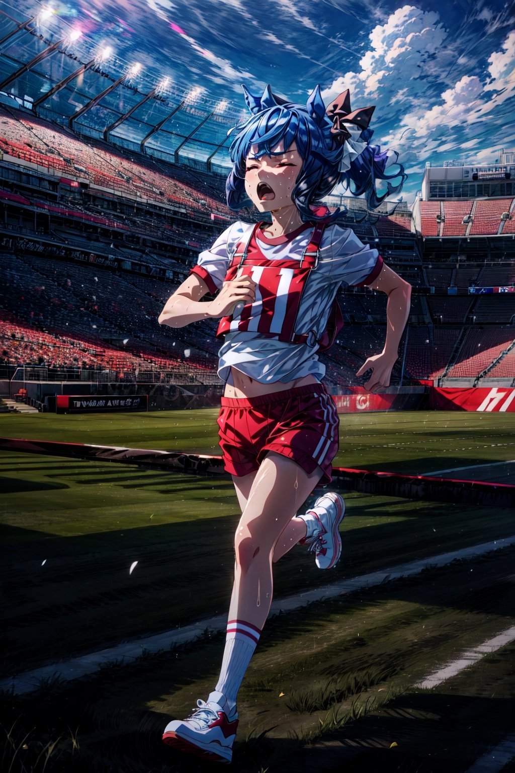 masterpiece, best quality, twin turbo \(umamusume\), running, stadium, track, wide shot, grass, closed eyes, sweat, open mouth, white shirt, gym shirt, short sleeves, gym uniform, red shorts, white socks, shoes, sneakers, white footwear,