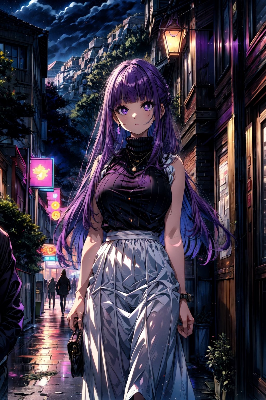 masterpiece, best quality, highres, aafern, long hair, purple hair, blunt bangs, purple eyes, large breasts, , sweater, high-waist skirt, casual, turtleneck, sleeveless, street, standing, night, standing