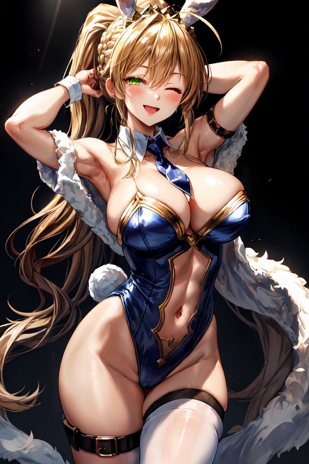 masterpiece, best quality, absurdres, soft lighting, looking at viewer, solo, smile, open mouth, wink, one eye closed,1girl, ahoge, rabbit ears, playboy bunny, artoria pendragon \(swimsuit ruler\) \(fate\), large breasts , blonde hair, green eyes, french braid, pony tailbare shoulders, large breasts , cleavage,clothing cut out, wrist cuffs, detached collar, navel cutout, feather boa,white leotard, blue necktie, blue pantyhose, single thigh strap, hands behind head,cowboy shot,white background,