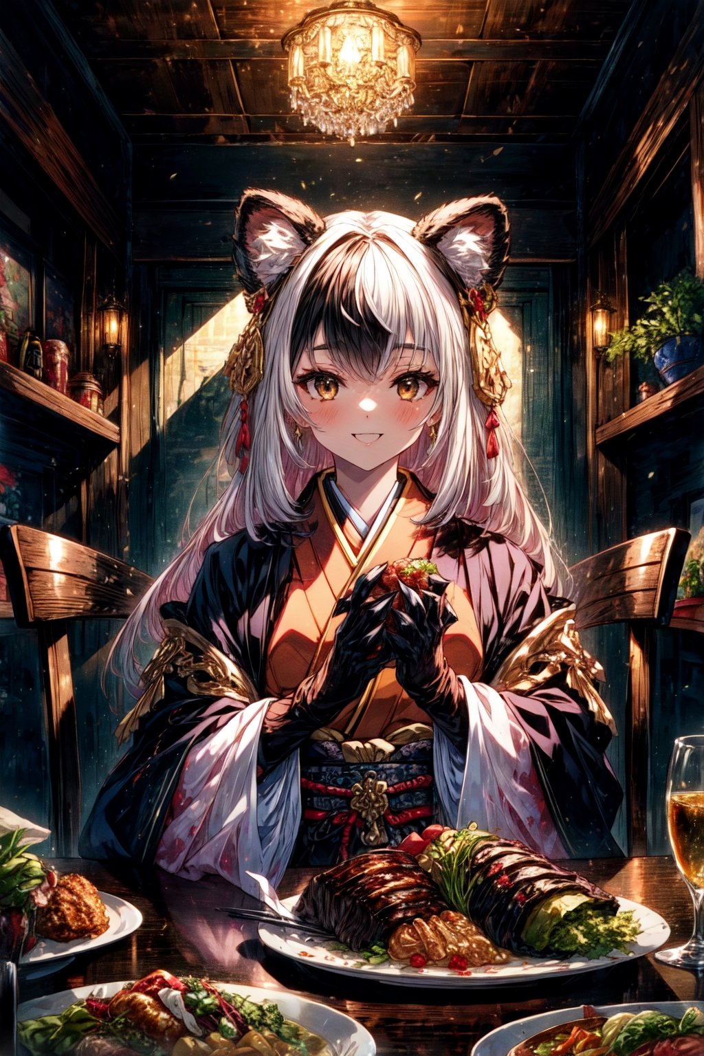 masterpiece,best quality,highres,cinematic lighting,dramatic angle,1girl, ,1girl,animal ears,japanese clothes,black open jacket,obi,smile,eating,(:3:0.68),looking at viewer,brown eyes,bamboos,dynatic pose,cowboy shot,sitting across table,gold-trimmed,magic,multicolored hair,(black hair:white hair:0.86),frills,claws,black elbow gloves,(open mouth:0.43),magic,feast,foods on table,restaurant