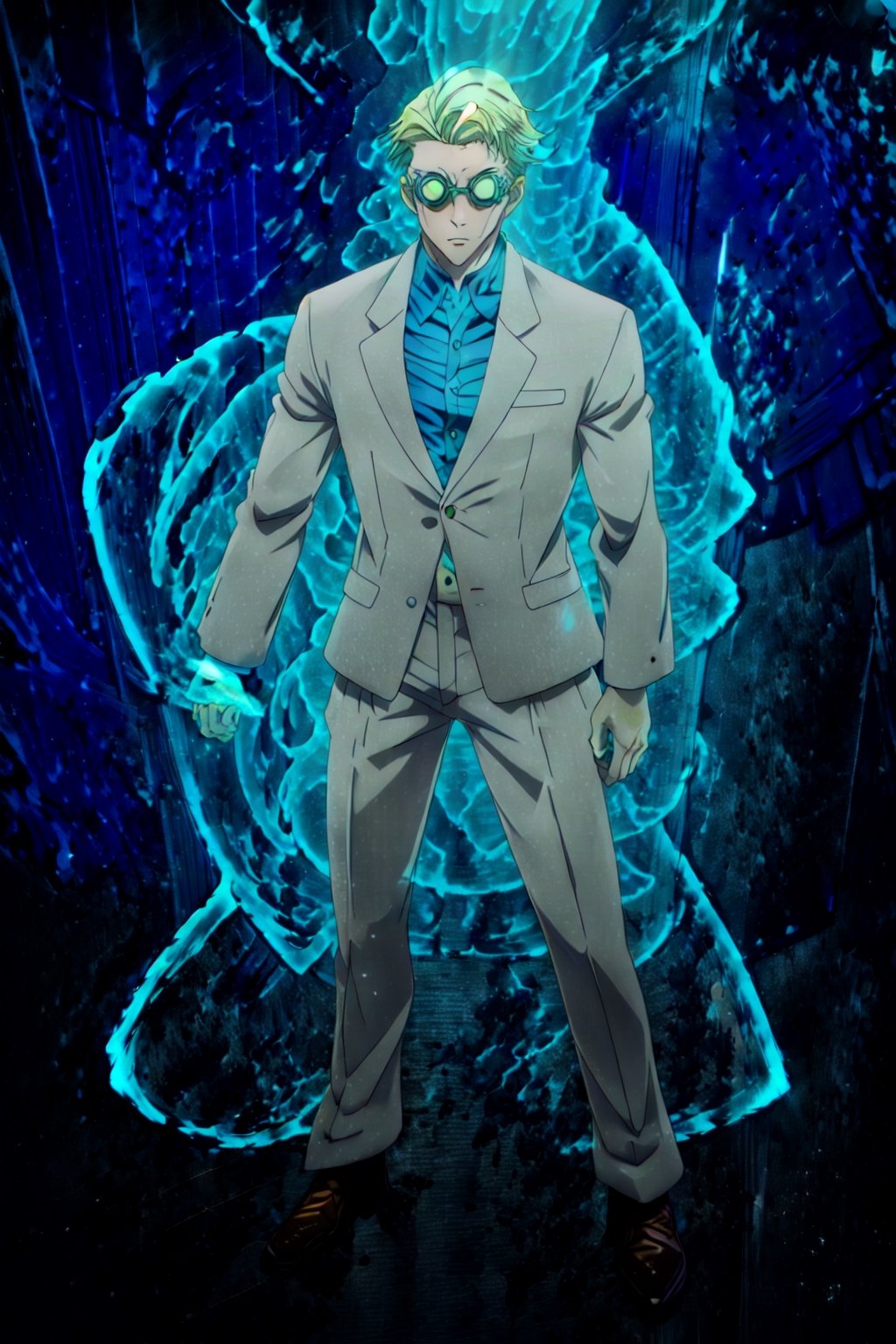 masterpiece,highres,high quality,extremely detailed,solo, , goggles,tinted eyewear, KentoNanami,1man, serious,jacket,formal,suit,collared shirt,blue shirt, full body,fighting_stance,(aura:1.5),aura_power,Ki Charge,CLOUD