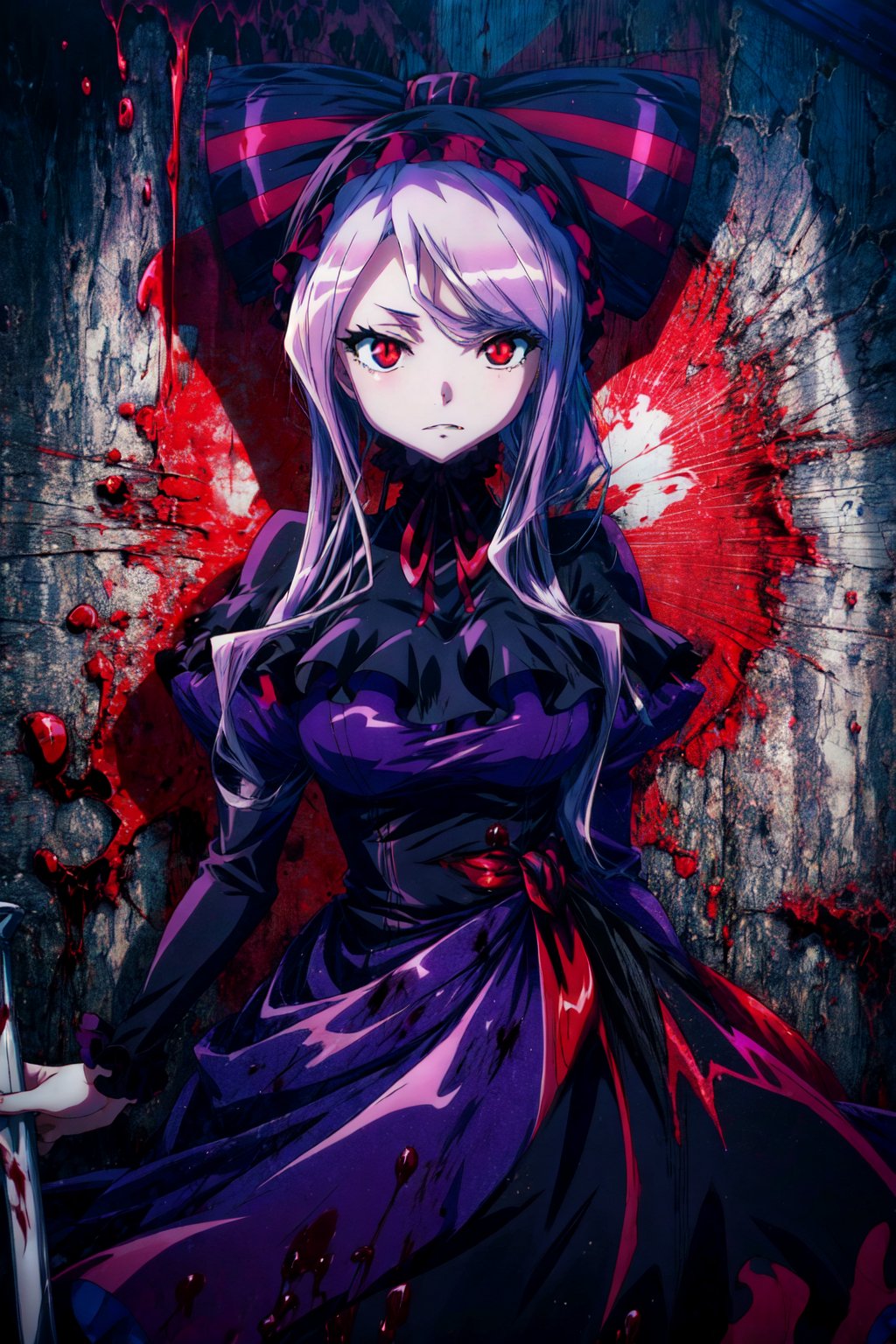 shalltear bloodfallen, casual dress, blood pool, 1girl, red eyes, solo, dress