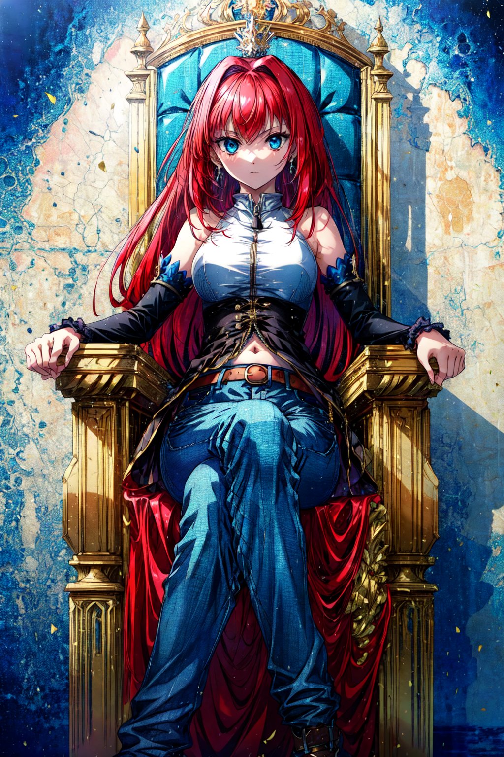 masterpiece, best quality, highres, eeaoko, long hair, red hair, bare shoulders, sleeveless shirt, dress shirt, detached sleeves, black sleeves, zipper, navel, belt, jeans, , sitting, crossed legs, throne,