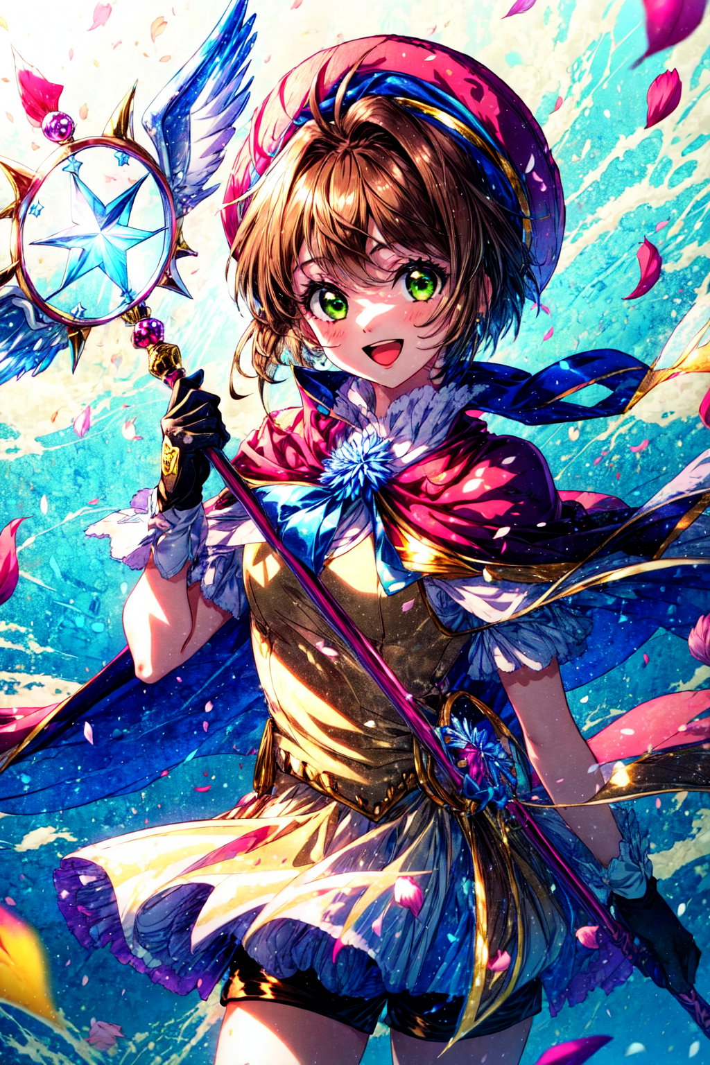 1girl, kinomoto sakura, brown hair, yellow gloves, solo, hat, green eyes, gloves, short hair, petals, magical girl, smile, blue headwear, cape, open mouth, shorts, cowboy shot, looking at viewer, staff,