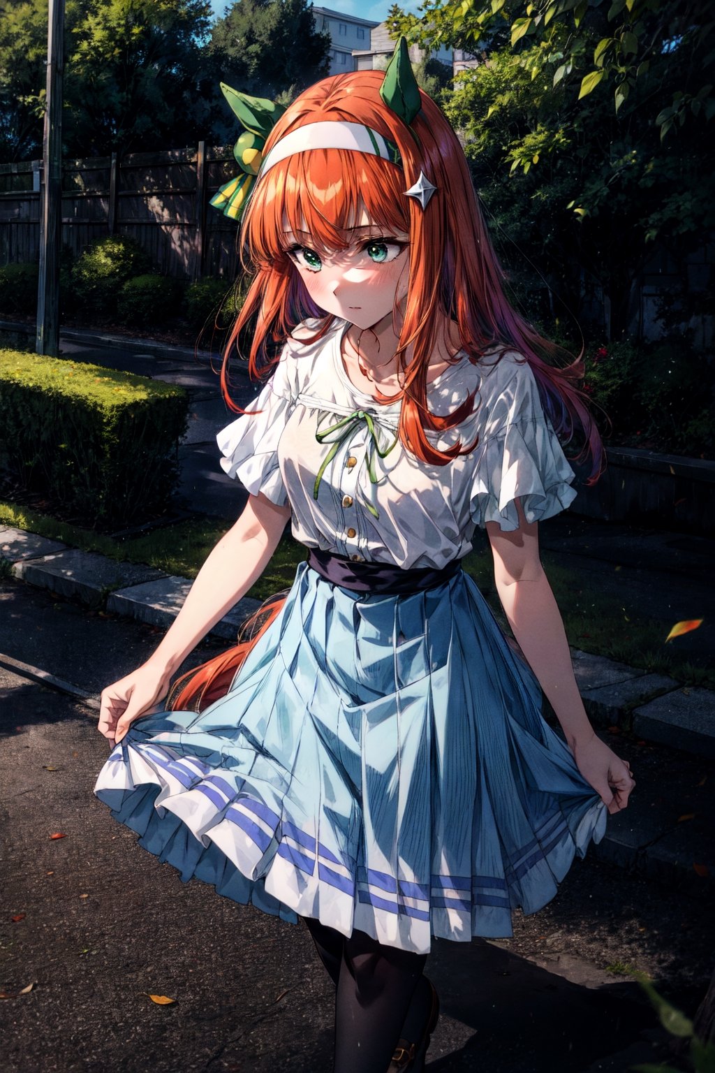 masterpiece,realistic, ,1girl,silence suzuka (umamusume),silence suzuka(Mufti),horse girl,horse ears,horse tail,orange hair,green eyes,long hair,hairband,ear_covers,white shirt,short sleeves,green_ribbon,blue skirt,pantyhose,brown footwear,solo,outdoors, town,dating,