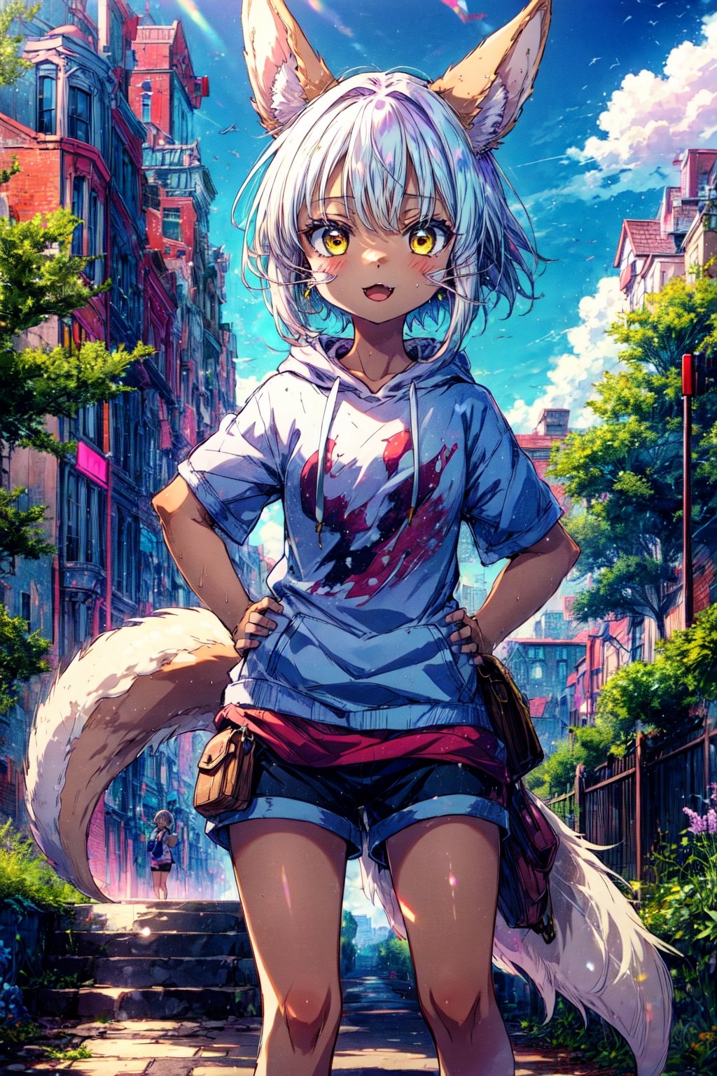 1girl, solo, furry, fluffy, brown fur, short hair, nanachi \(made in abyss\), animal ears, tail, yellow eyes, hoodie, shorts, t-shirt, hand on hip, :3, open mouth, standing, looking at viewer, outdoors, city 