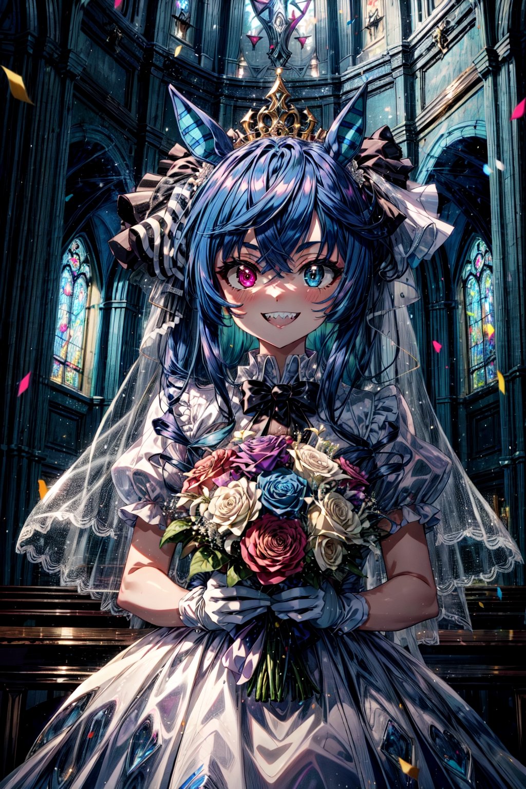 masterpiece, best quality, highres, aatwin, sharp teeth, horse tail, heterochromia, twintails, long hair, , wedding dress, white gloves, bouquet, smile, grin, church, confetti,