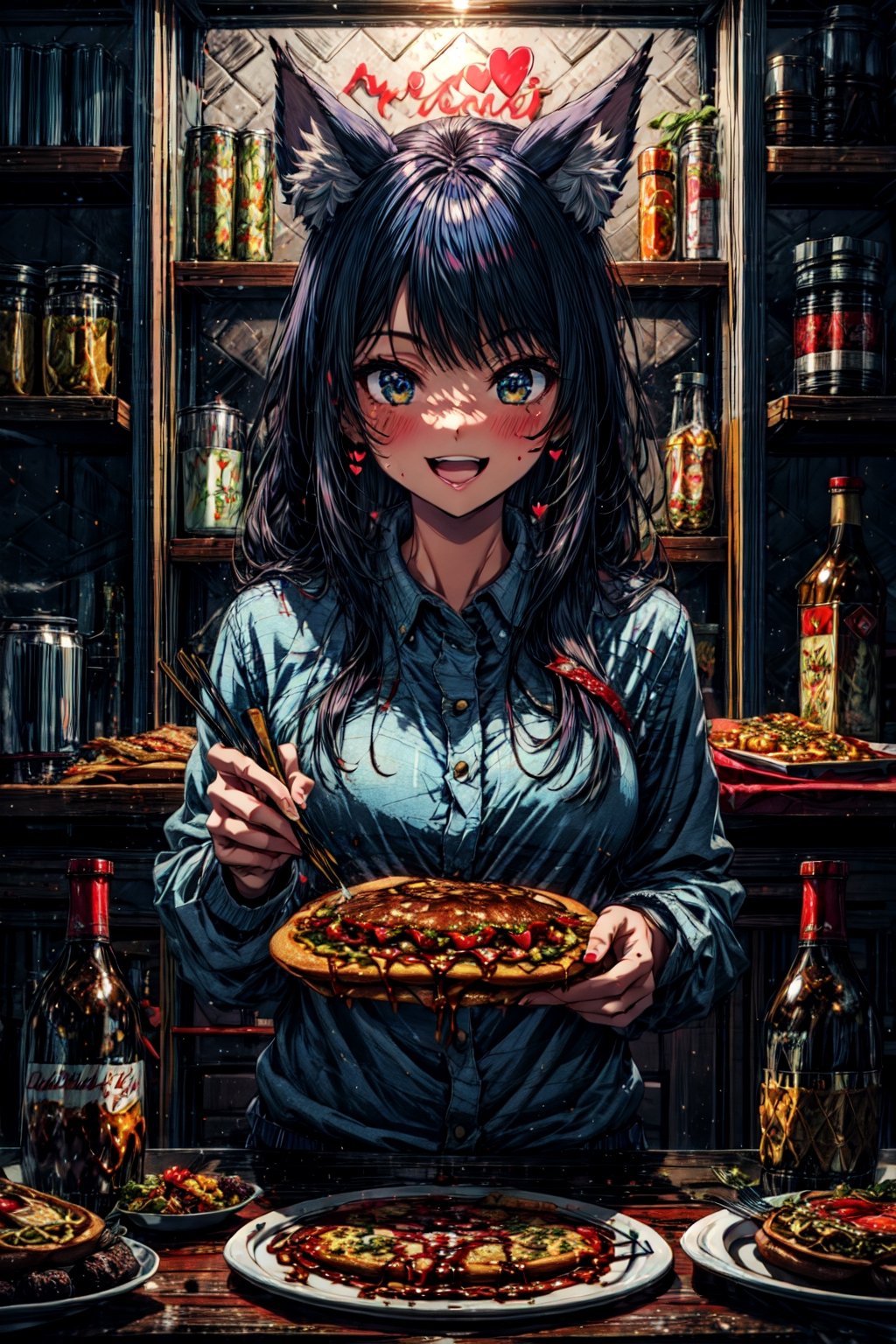 1girl, animal_ears, bangs, black_hair, blush, bowl, bread, burger, butter, cake, cheese, chicken_\(food\), chopsticks, eating, eyebrows_visible_through_hair, food, fork, french_fries, heart, holding_chopsticks, hot_dog, ketchup, letterboxed, lettuce, long_hair, meat, omurice, open_mouth, pancake, pasta, pie, pizza, plate, rice, salad, sandwich, smile, solo, spaghetti, steak, table, tomato, tray