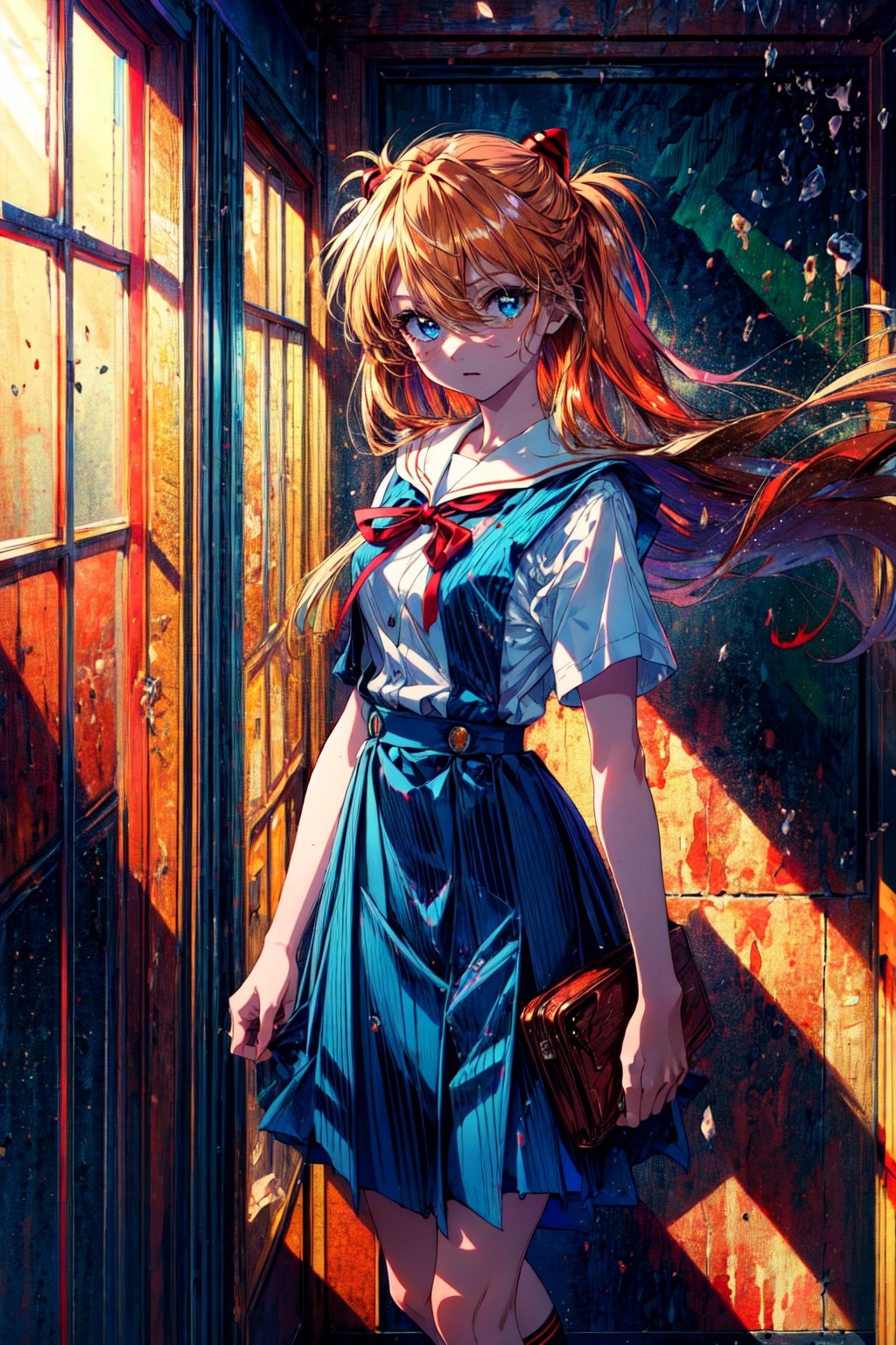 (masterpiece, 4k, 8k, ultra hires, exremely detailed, good shadow, good light, deep shadow, unreal, high resolution, ultra detailed, best quality, ultra high res, visually stunning, beautiful, award-winning art, best quality, stunningly beautiful:1.2),,(souryuu asuka langley),interface headset,suspender skirt,red ribbon,white shirt,(school uniform),socks,shoes,,1girl,orange hair,blue eyes,long hair,sunlight,detailed eyes,hair between eyes,messy hair,(cowboy_shot),