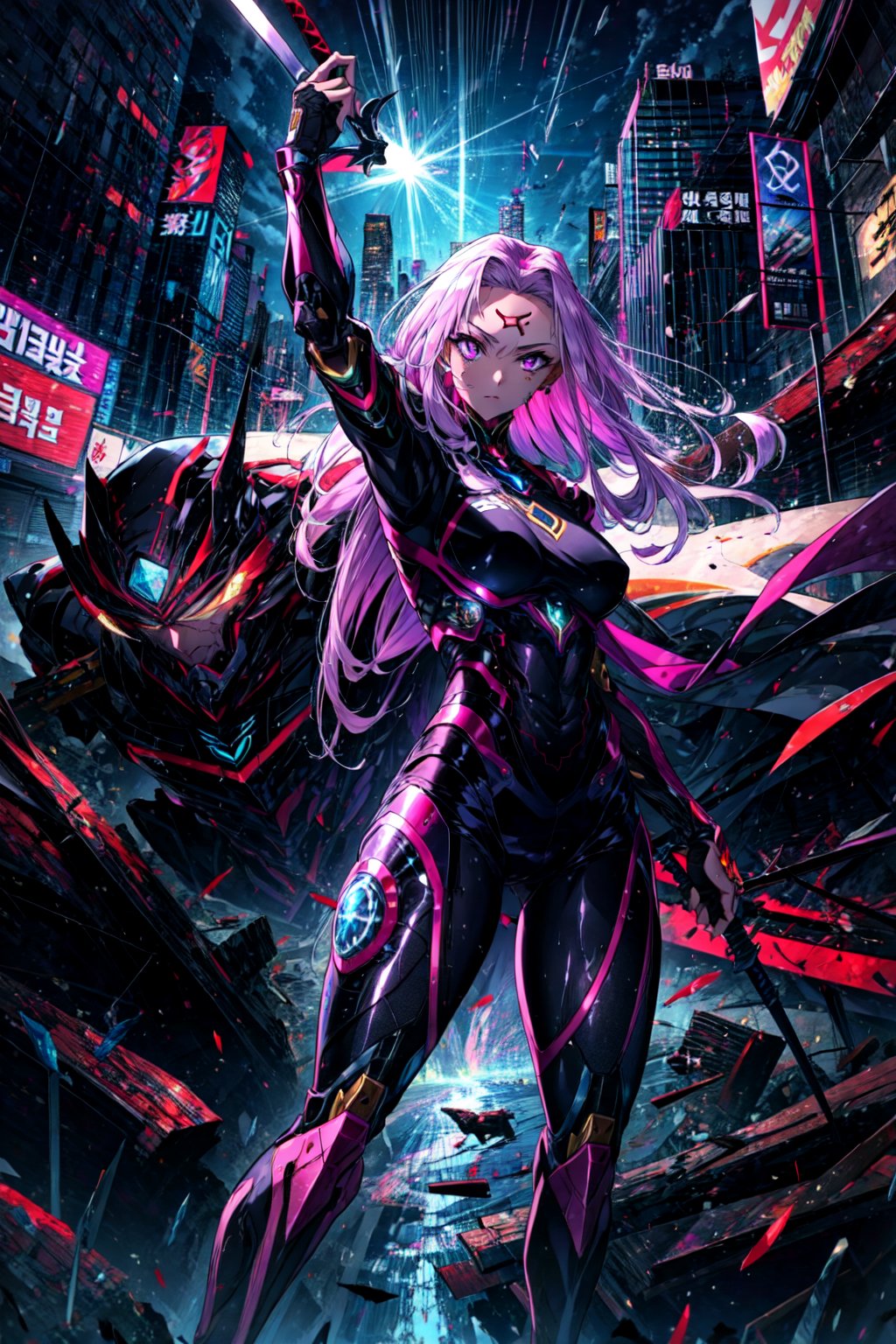 ((MedGorg)), gorgon \(fate\), slit pupils, looking at viewer, hair flowing over, a woman in a futuristic suit holding a sword, scenery art detailed, purple eyes, (art station), webtoon, cyborg merchant woman, appearing from the background, mascot illustration, chaotic revenge, in ruins, —ar 16:9, beautiful android woman, korean artist