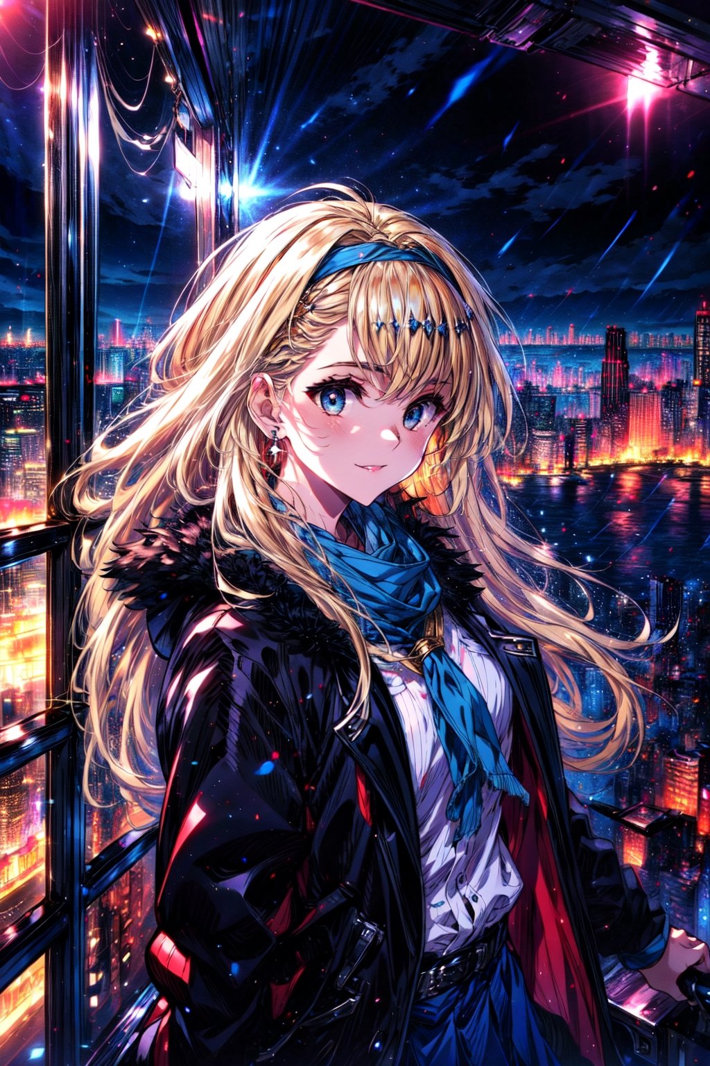 masterpiece,best quality,highres,cinematic lighting,dramatic angle,1girl,, blue eyes,blonde hair,hairband,portrait,blue shawl,fur-trimmed,coat,white shirt,blue skirt,tilted head,crowd,happy,shiny,Ferris wheel,skiing,skating,upper body