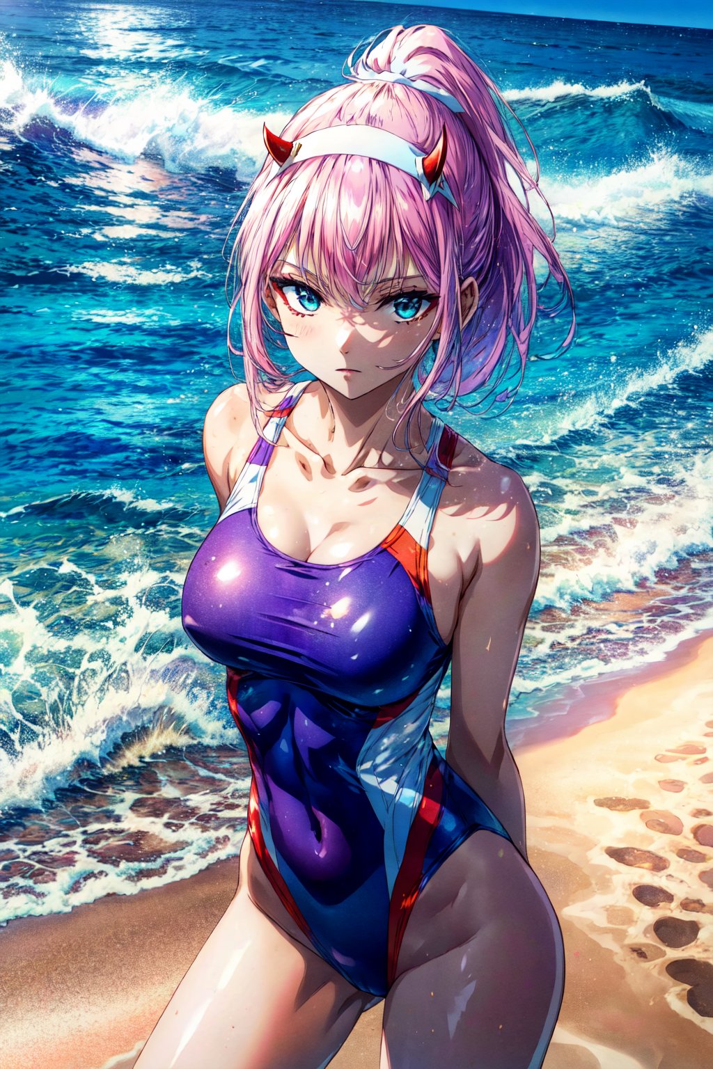 masterpiece, best quality, highres, ddzero2, long hair, ponytail, sidelocks, horns, hairband, collarbone, one-piece swimsuit, , beach, standing, cowboy shot, arms at sides,