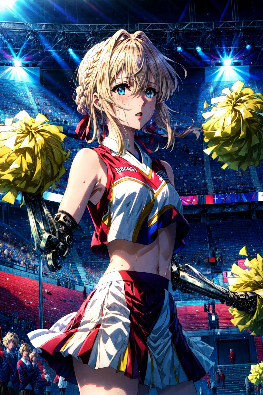 masterpiece, best quality, highres, violet evergarden, braid, hair ribbon, red ribbon, , cheerleader, pom pom \(cheerleading\), sleeveless, miniskirt, midriff, sweat, mechanical arms,