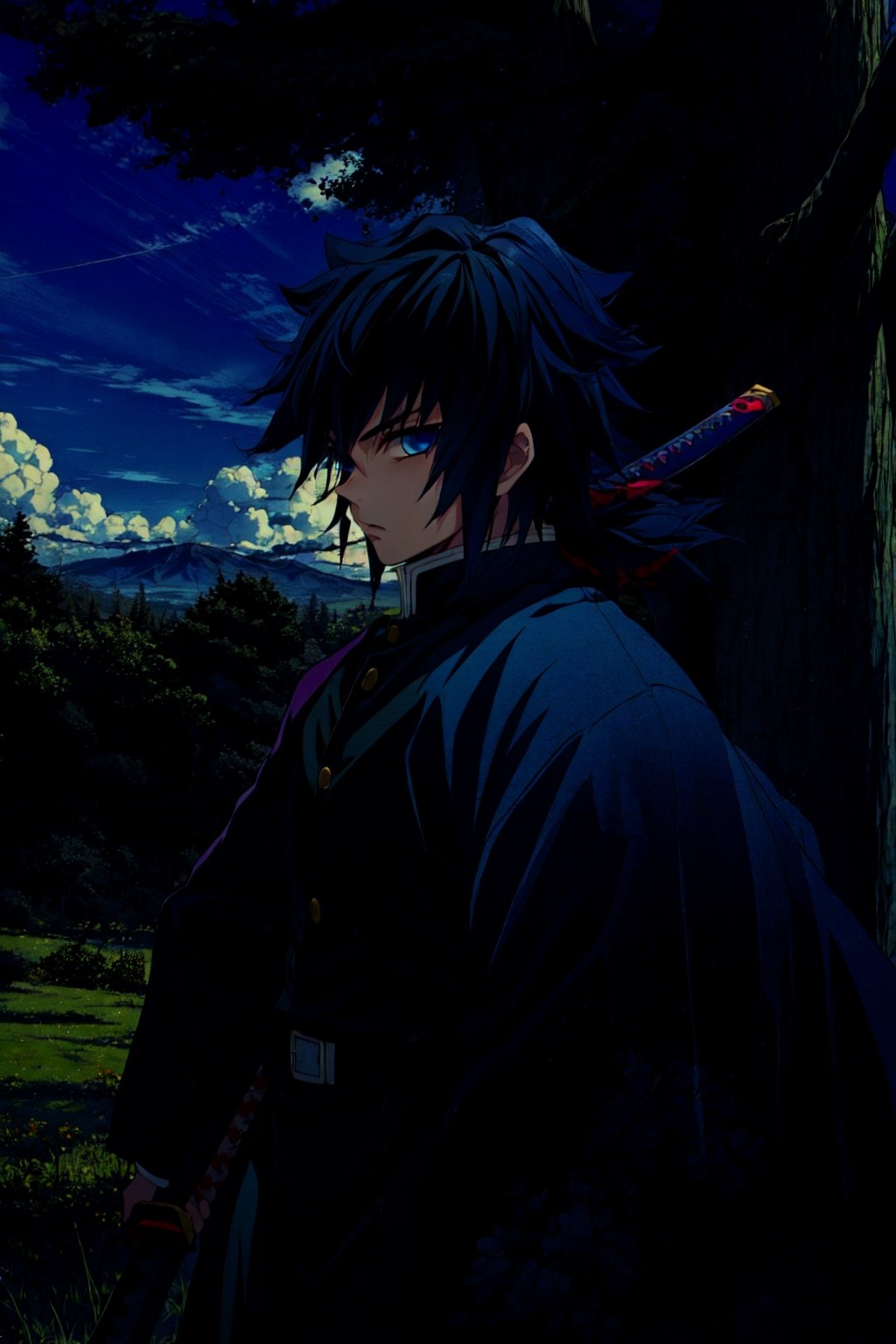 tomioka giyuu, demon slayer, 1boy, solo, upper body, nature, tree, grass, blue sky, katana, sword, holding katana, fighting stance, looking at viewer, long hair, blue eyes, black hair, standing, jacket, male focus, japanese clothes, black jacket, demon slayer uniform, ,CLOUD