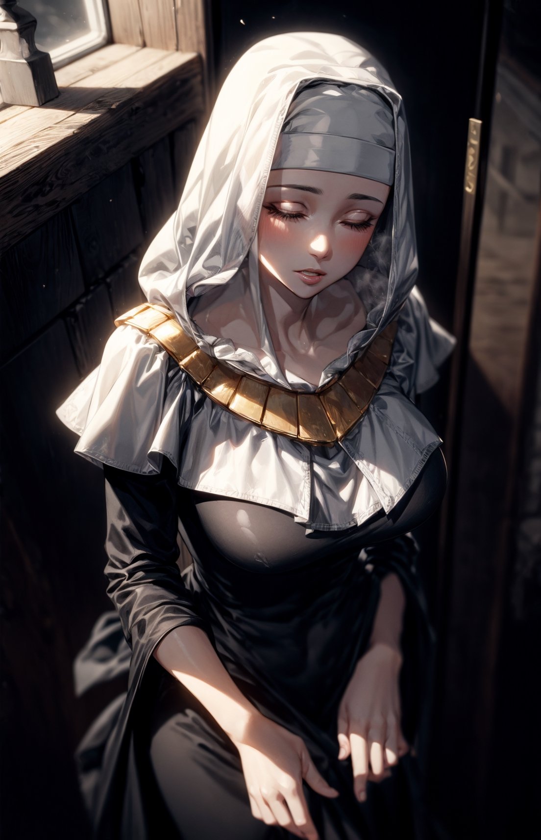 ((masterpiece:1.4, best qualit:1.4, high resolution:1.4)), , , Kiara, habit, nun, black dress, jewlery, closed eyes, detailed lips, waiting for kiss, (hands clasped, hands together), blush, upper body, covered nipples, heavy breath, steaming background, steam, breathing, mature woman, from above:1.2, covered breasts, covered chest, pov, kiss