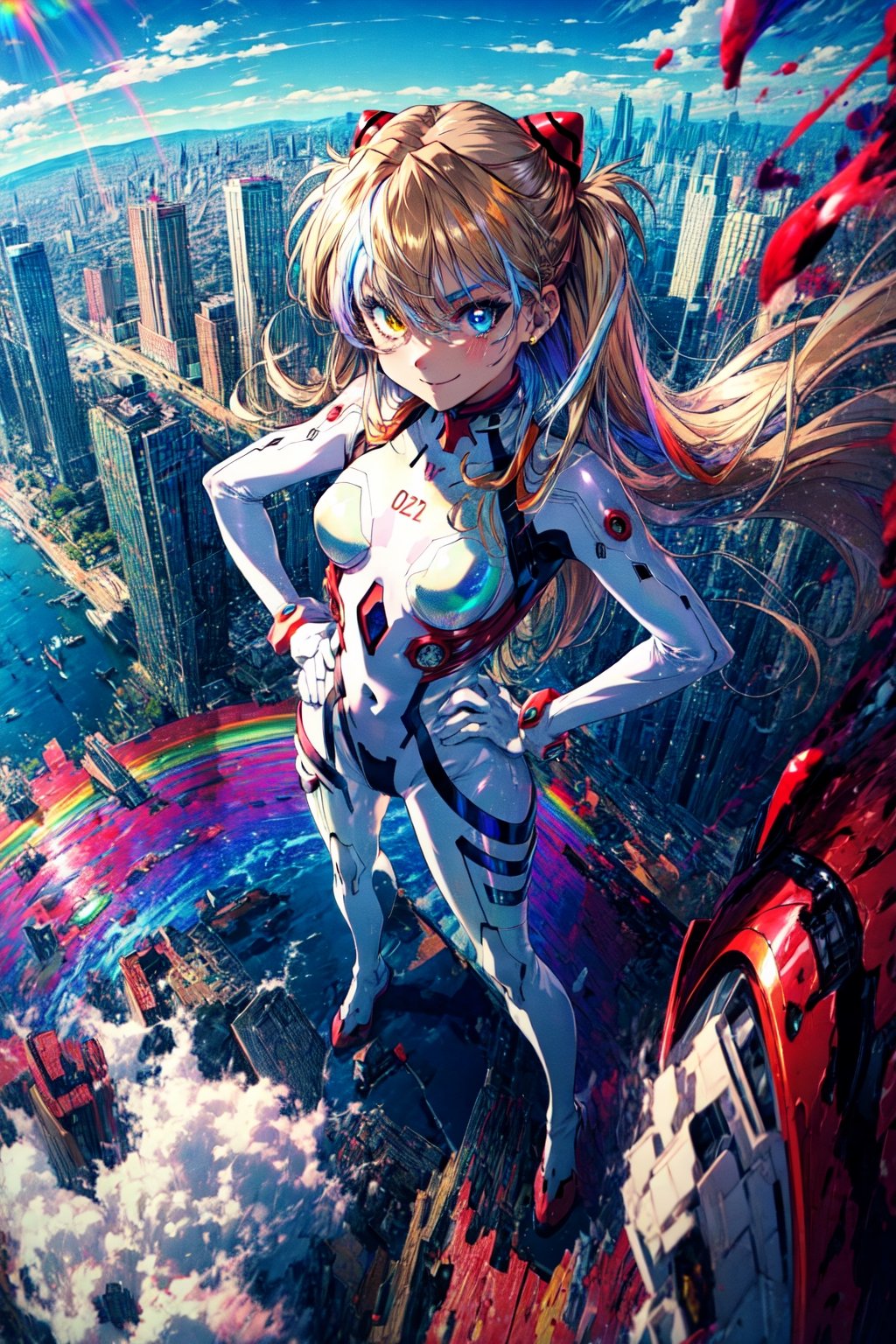 (masterpiece, best quality, detailed), 1girl, solo, from above, evil smile, full body, legs apart, hands on hips, fisheye, outdoors, souryuu asuka langley, interface headset, heterochromia, rainbow order, white bodysuit