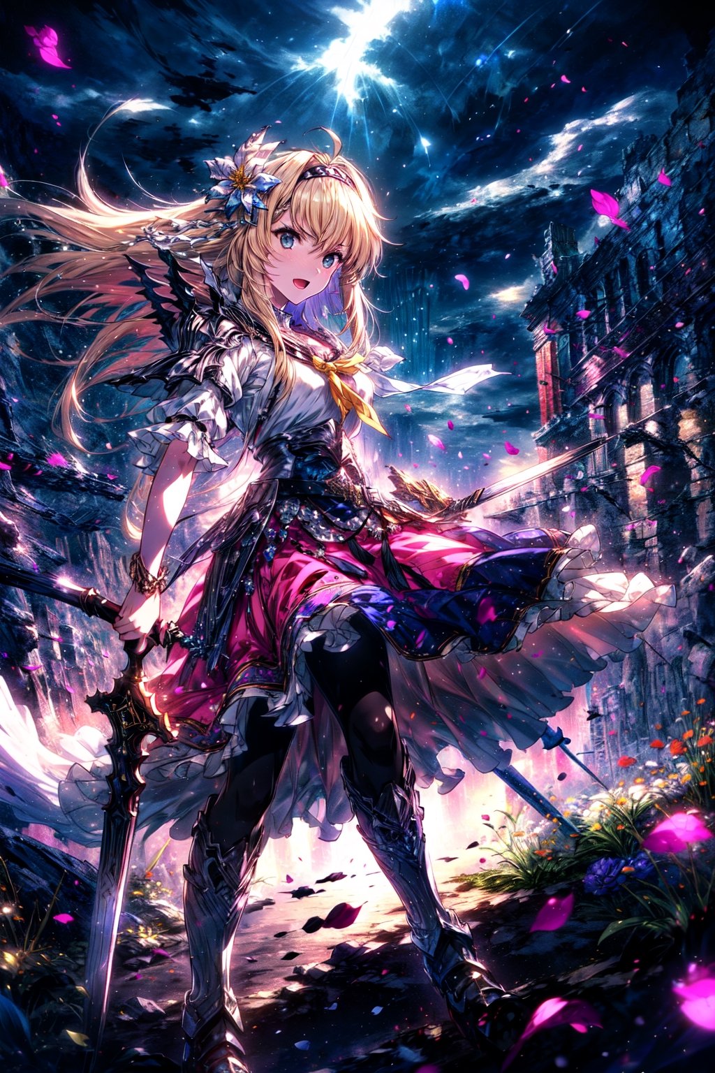 masterpiece,best quality,highres,cinematic lighting,dramatic angle,1girl,,hair ornament,hair ornaments,hairband,hair flower,costume2,blonde hair,blue eyes,portrait,village girl,holding sword,long pink skirt,frills,white topwear,boots,black pantyhose,yellow bowtie,hairband, , ,strong wind,glowing,aura,petals,grass,serious,armor,action pose,dynatic angle,open mouth,looking at viewer