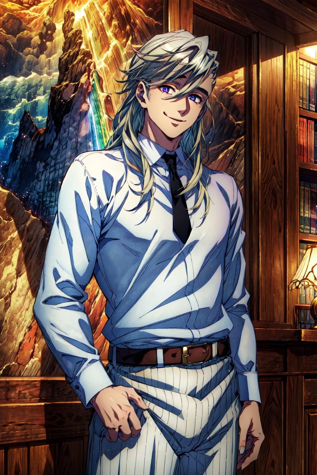 Douma, ((best quality)), ((masterpiece)), official art, detailed background, sharpness, (realistic:1.3), (perfect face), beautiful scenery, 1man, looking at viewer, cinematic lighting, smile, handsome face, beautiful skin, long silver blond hair, ((cowboy shot)), (rainbow eyes), , , formal, black necktie, white shirt, black trouser, library