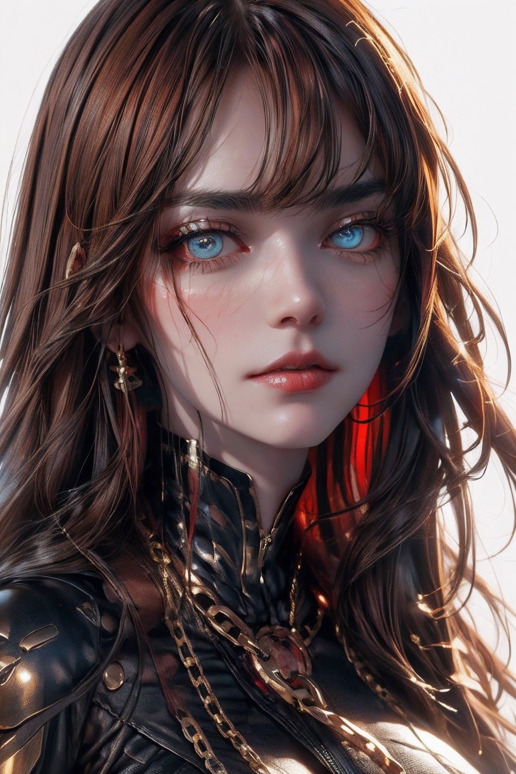 (detailed face and eyes:1.3),,oda_biig,large breasts,red eyes,black bodysuit,red hair,chain,collared cape,,white background,inkUltra-detail,(highres:1.1),best quality,(masterpiece:1.3),cinematic lighting,