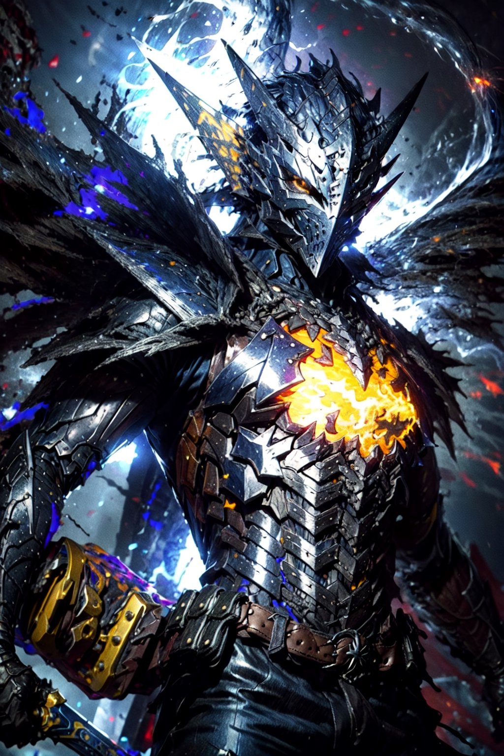 masterpiece,best quality,highres,cinematic lighting,dramatic angle,1boy,dark blue armor,maskedform,helmet,blue fire,holding flaming sword,looking at viewer,,spikes,fangs,glowing yellow eyes,showing strength,ghost,souls,action pose,dynamic pose,dynamic angle,spikes,dark flame,extremeley detailed,grab pose,,weapon over shoulder,