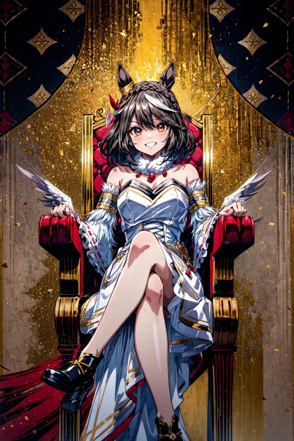 masterpiece, best quality, highres, cckitasan, animal ears, short hair, streaked hair, braid, ear ornament, horse tail, white dress, detached sleeves, , throne, sitting, crossed legs, evil grin, teeth,patterned background