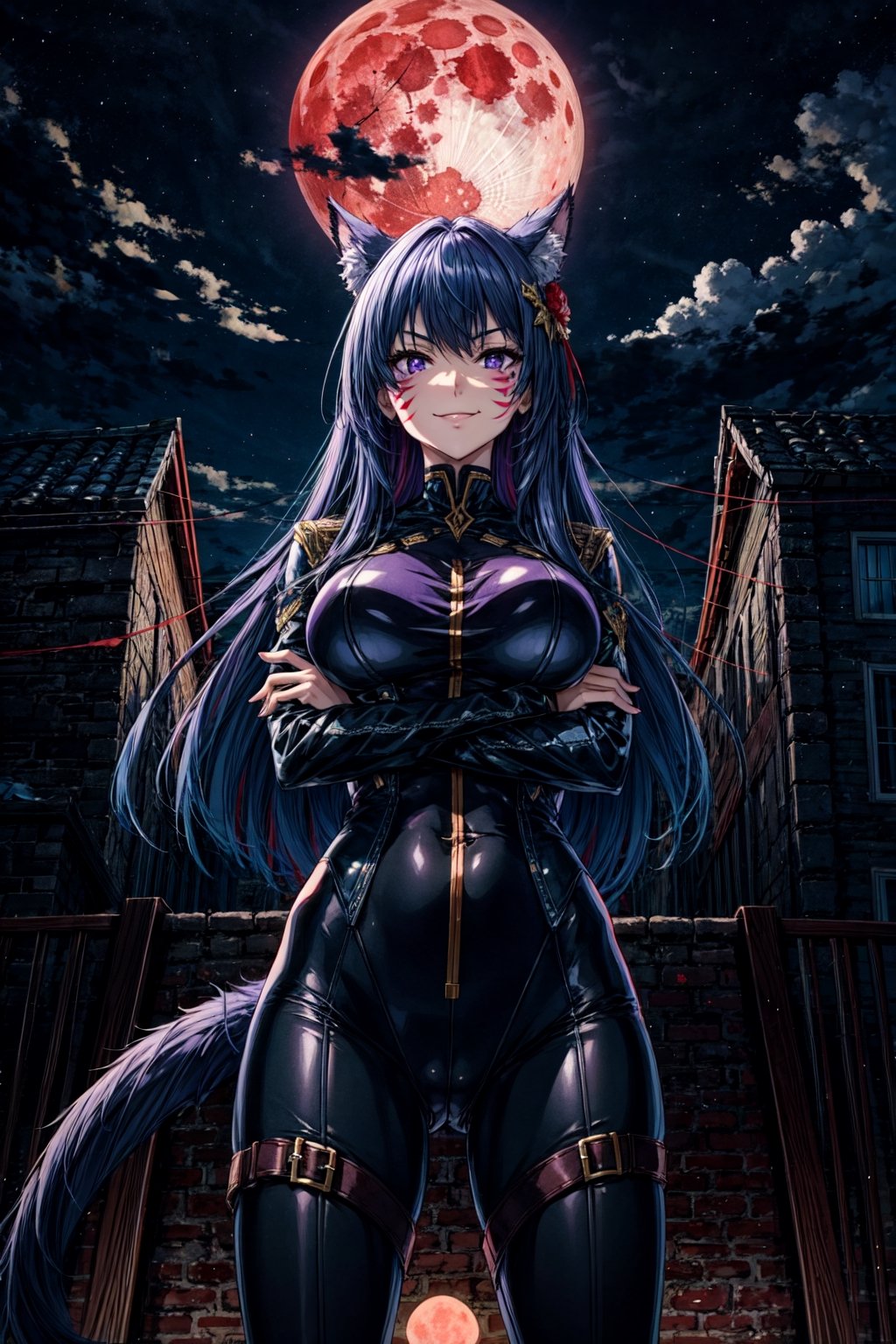 , delta, facial mark, purple eyes, large breasts, black long hair, tail, tail ornament, black body suit, standing, legs apart, crossed arms, captivating pose, cowboy shot, smirk, outdoors, night, full moon, red moon, from below