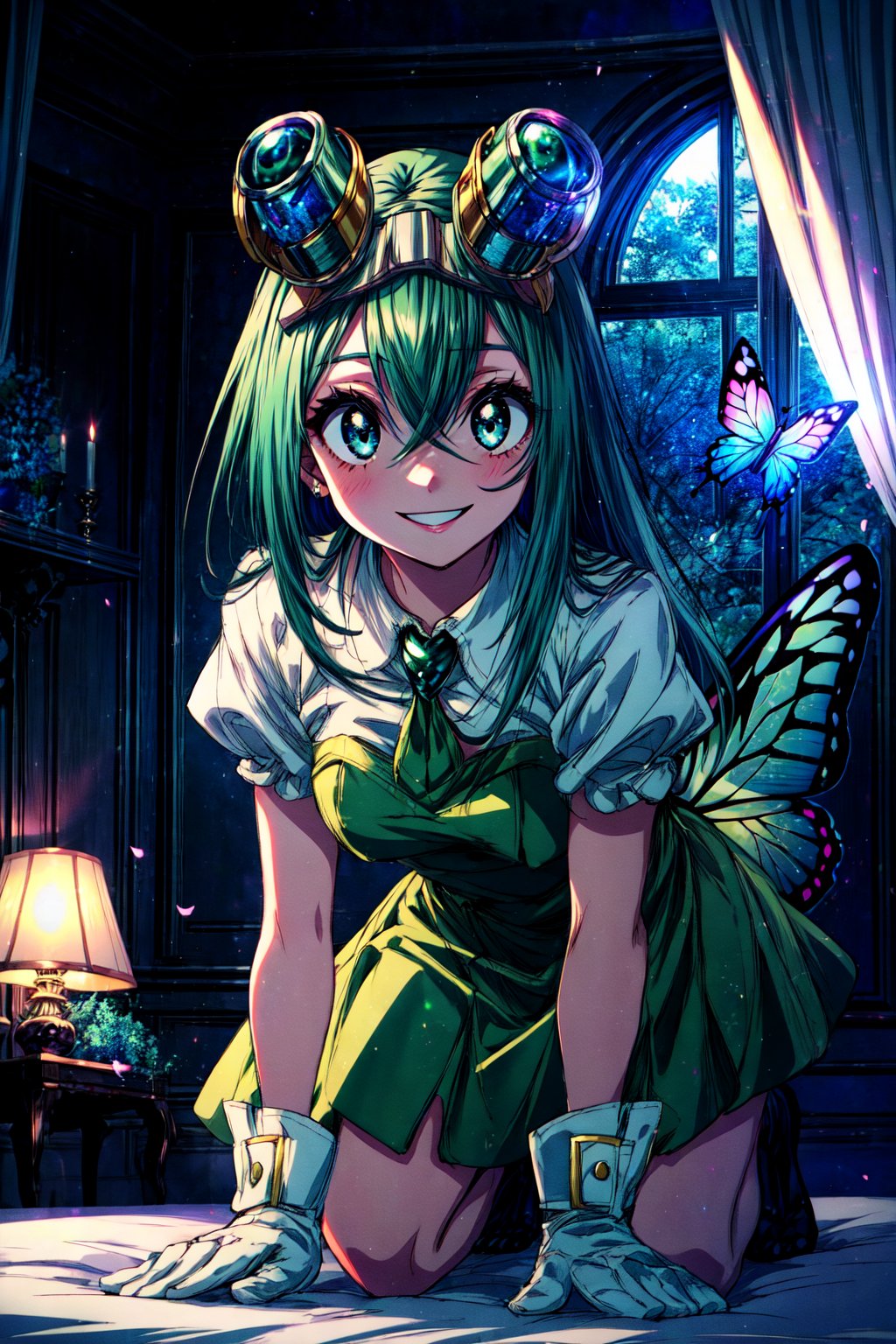 tsuyumha, black eyes, asui tsuyu, green hair, 1girl, hair rings, hair rings,gloves, hair between eyes, (white collared shirt:1.1), goggles on head, beautiful face, 1girl, happy eyes, smiling, soft colors,, butterfly, pose (kneeling, on fours), bedroom setting, butterfly dress (strapless, colorful), side-lighting, sparkling-eyes, epic-resolution, gorgeous-background
