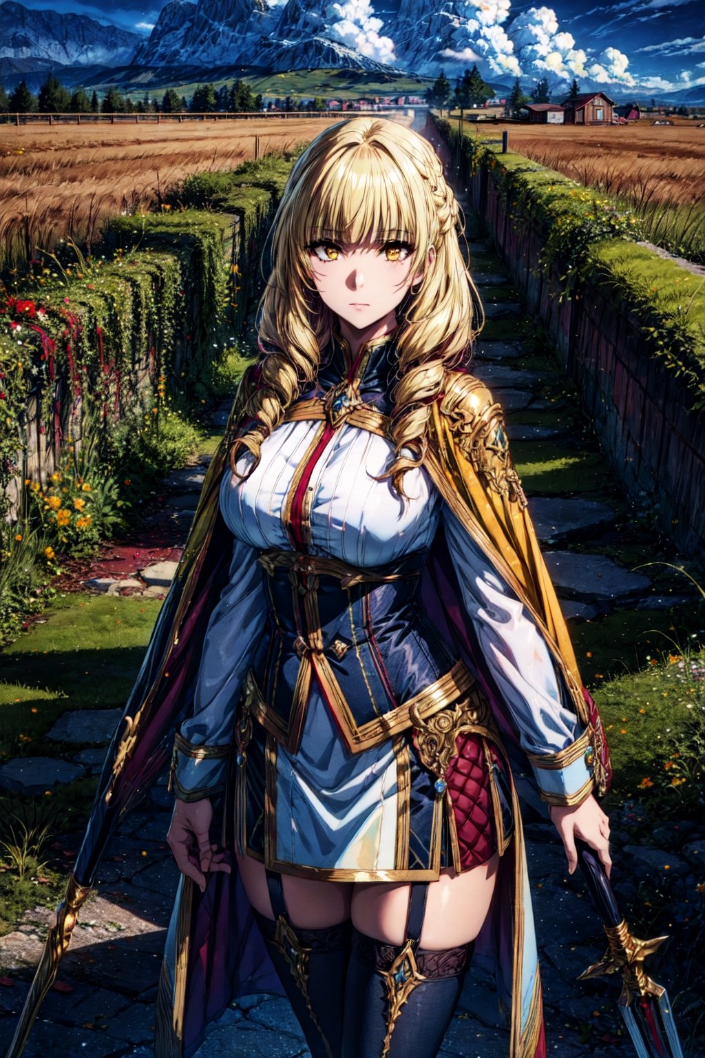 "long shot scenic professional photograph of masterpiece, best quality, (fantasy illustration:1.3), field, destruction field, wide hips, thighhighs, dress, cape, staff, looking at viewer, cinematic, spotlight, , perfect viewpoint, highly detailed, wide-angle lens, hyper realistic, with dramatic sky, polarizing filter, natural lighting, vivid colors, everything in sharp focus, HDR, UHD, 64K"",,", rose_oriana_(kage_no_jitsuryokusha_ni_naritakute!), (blonde hair:1.4), yellow eyes, drill hair, twin drills,CLOUD