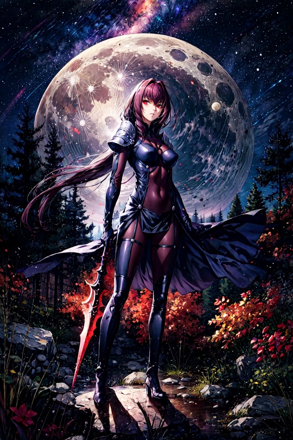 scathach, scathachBodysuit, masterpiece, best quality, absurdres, 1girl, standing, cowboy shot, looking at viewer, serious, forest, moon, night, spear, weapon, gae bolg,EpicSky,Circle