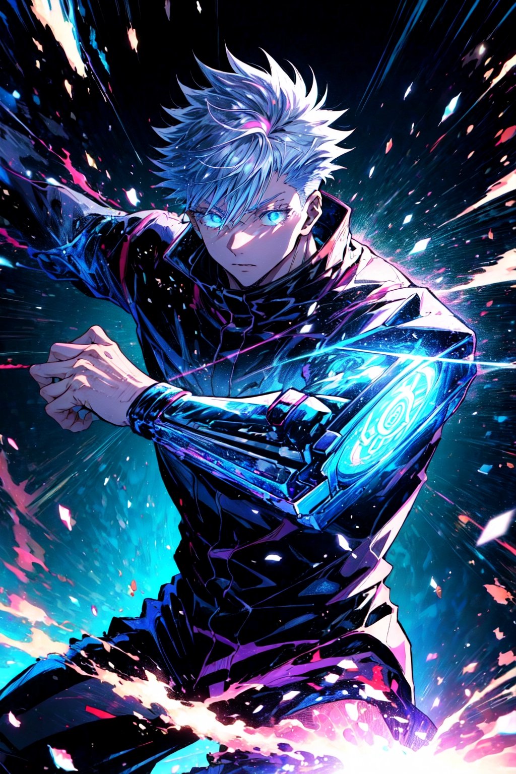 (masterpiece,best quality), 1boy, muscular,fighting stance,mecha, Jujutsu Kaisen , (action shot, speed lines,glowing circle,glowing lines,illustration,) satoru gojo,white hair,short hair,hair between eyes,blue eyes,colored eyelashes,