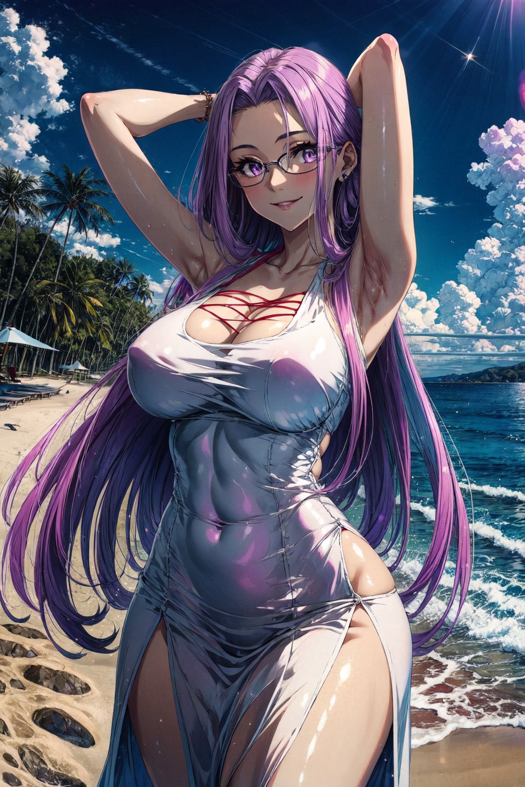 masterpiece,best quality,1girl,MedCas,purple hair,very long hair,purple eyes,glasses,((white dress)),huge breasts,wide hips,smile,arms behind head,beach,outdoors